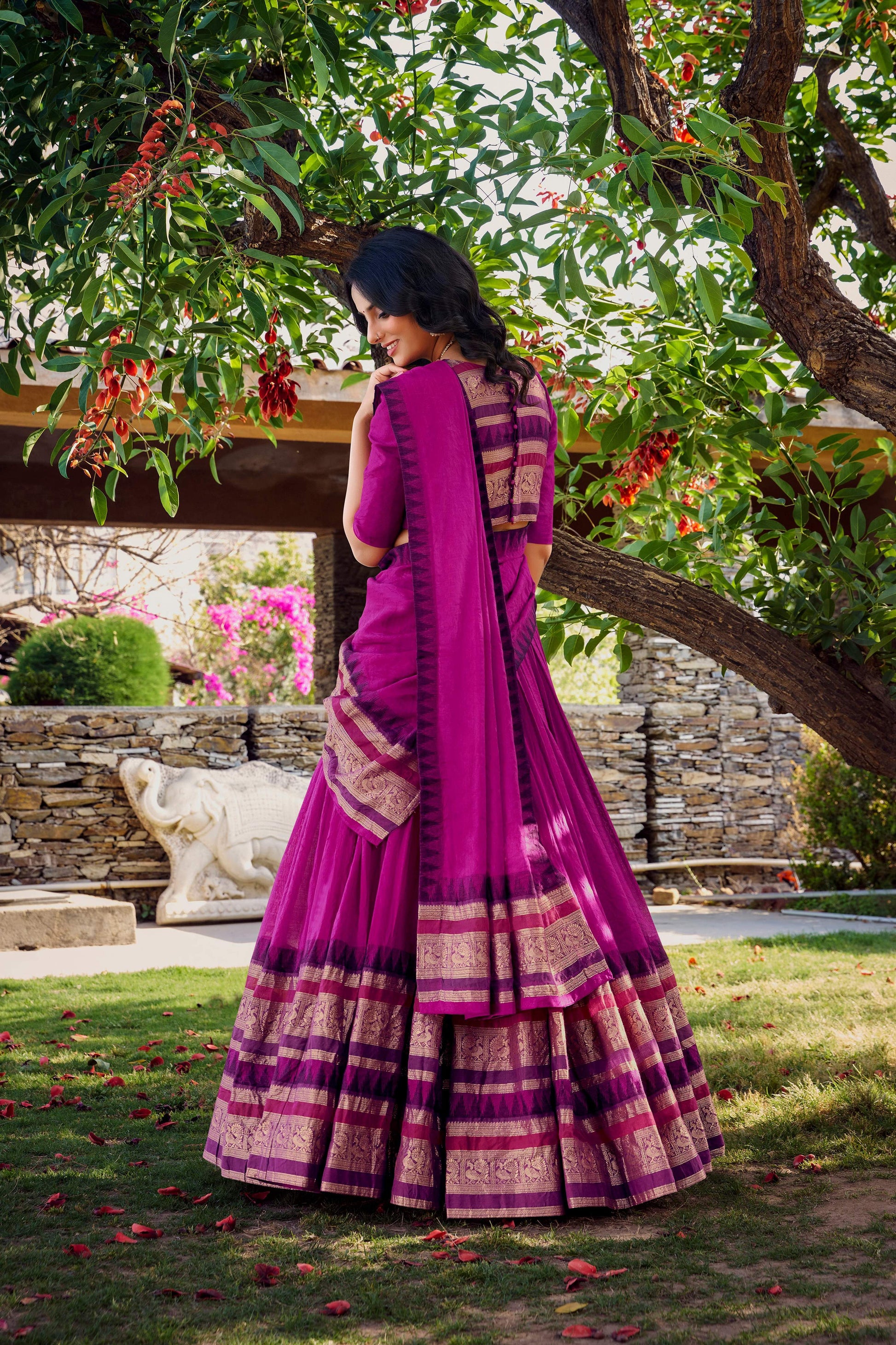 Lorenvalley Magenta Pure Chanderi Plain With Zari Weaving Work Border Lehenga Choli with Dupatta 