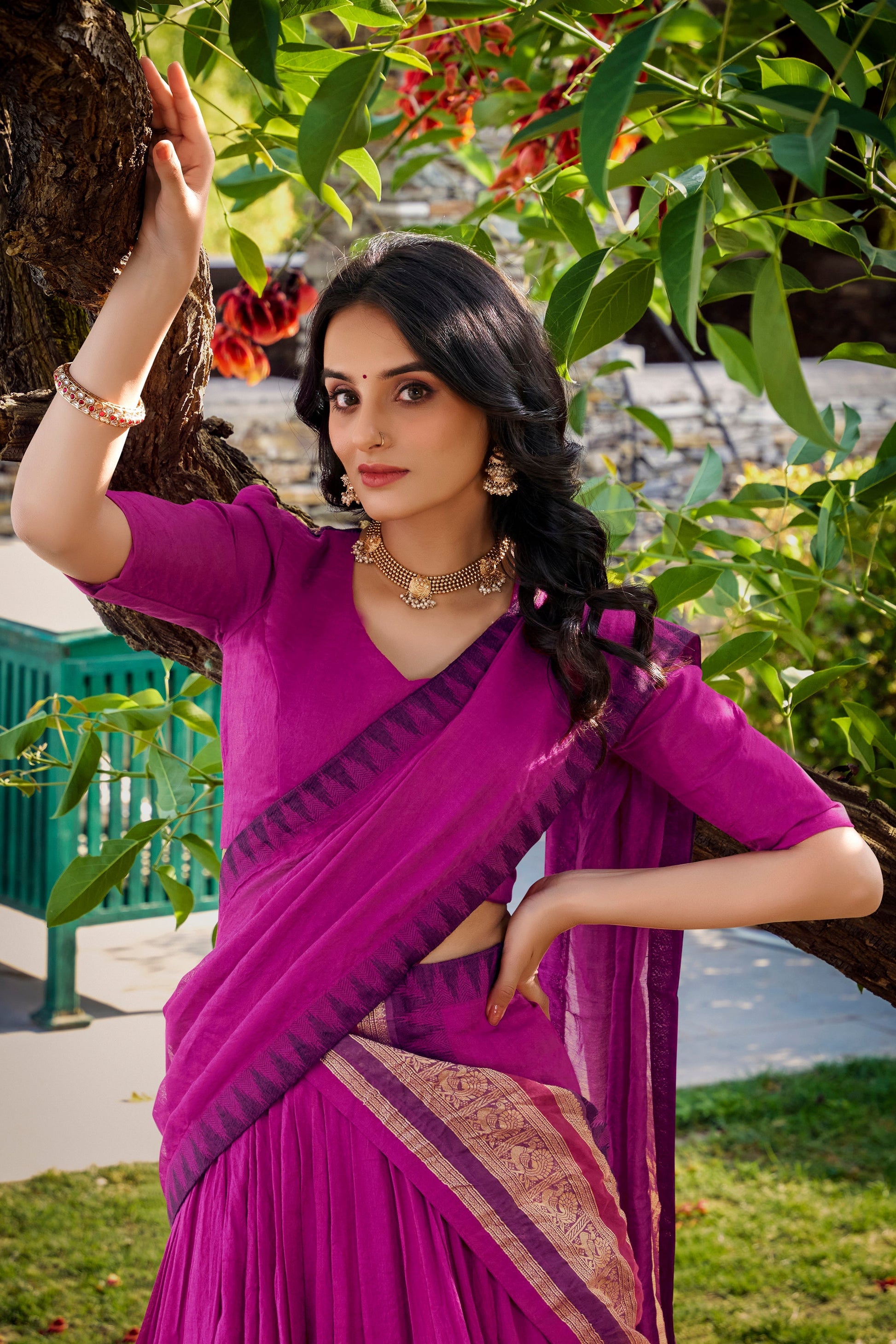 Lorenvalley Magenta Pure Chanderi Plain With Zari Weaving Work Border Lehenga Choli with Dupatta 