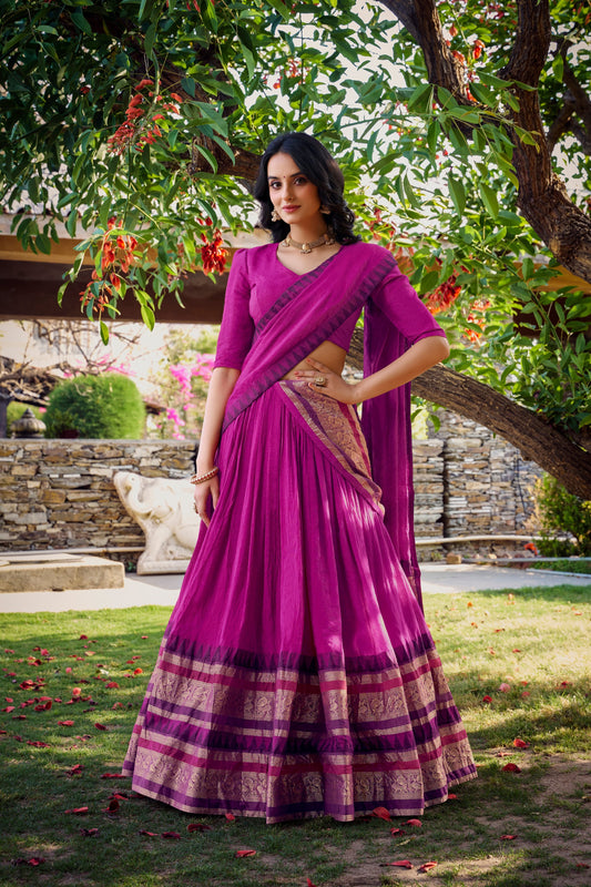 Lorenvalley Magenta Pure Chanderi Plain With Zari Weaving Work Border Lehenga Choli with Dupatta 