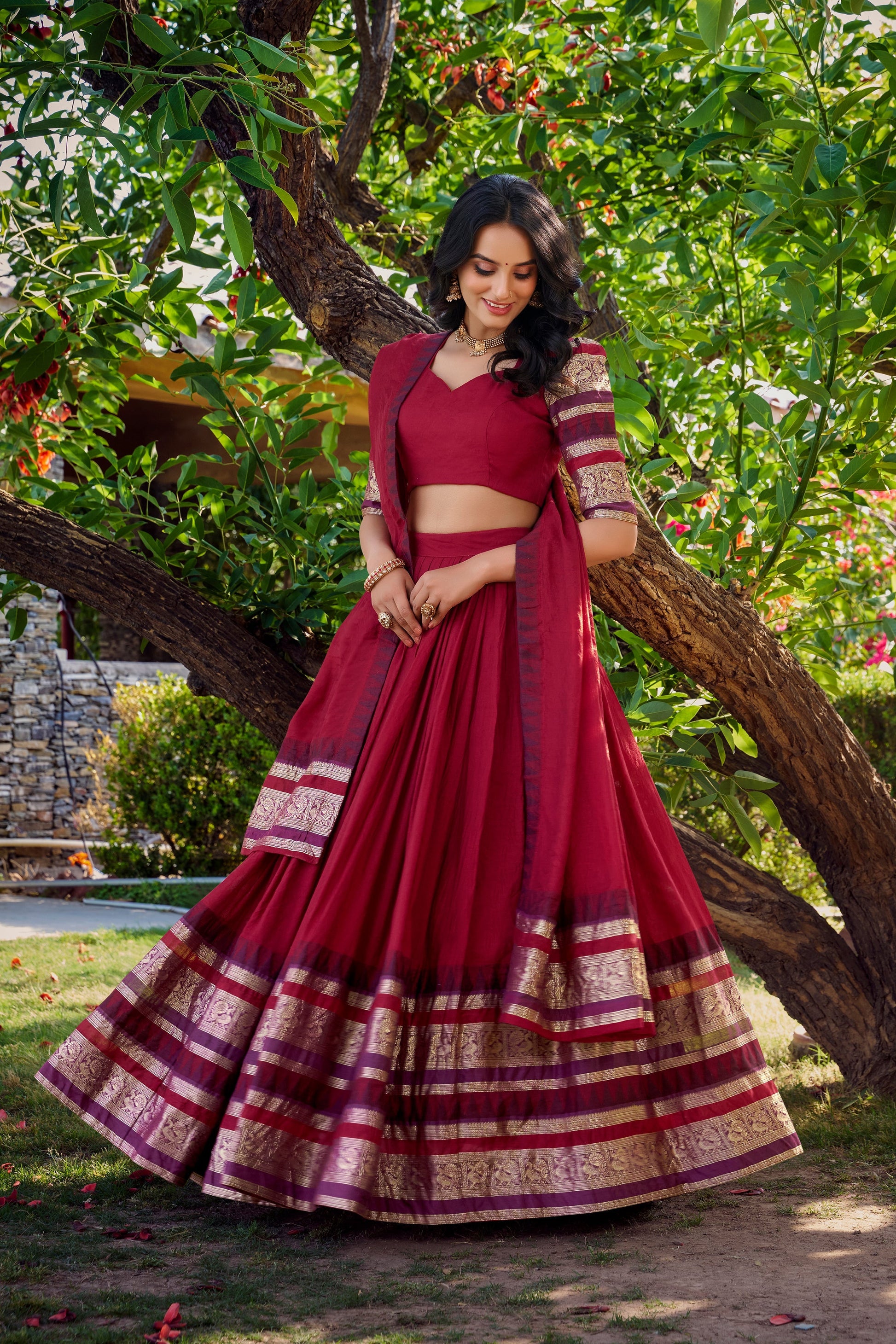 Lorenvalley Maroon Pure Chanderi Plain With Zari Weaving Work Border Lehenga Choli with Dupatta 