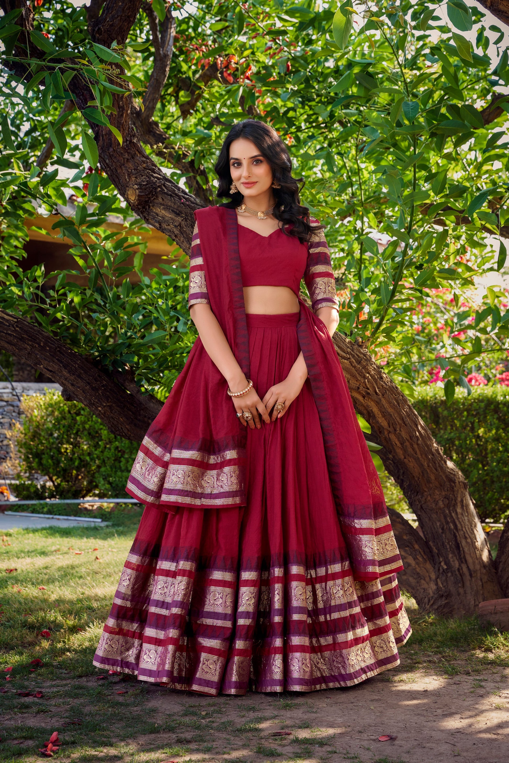 Lorenvalley Maroon Pure Chanderi Plain With Zari Weaving Work Border Lehenga Choli with Dupatta 