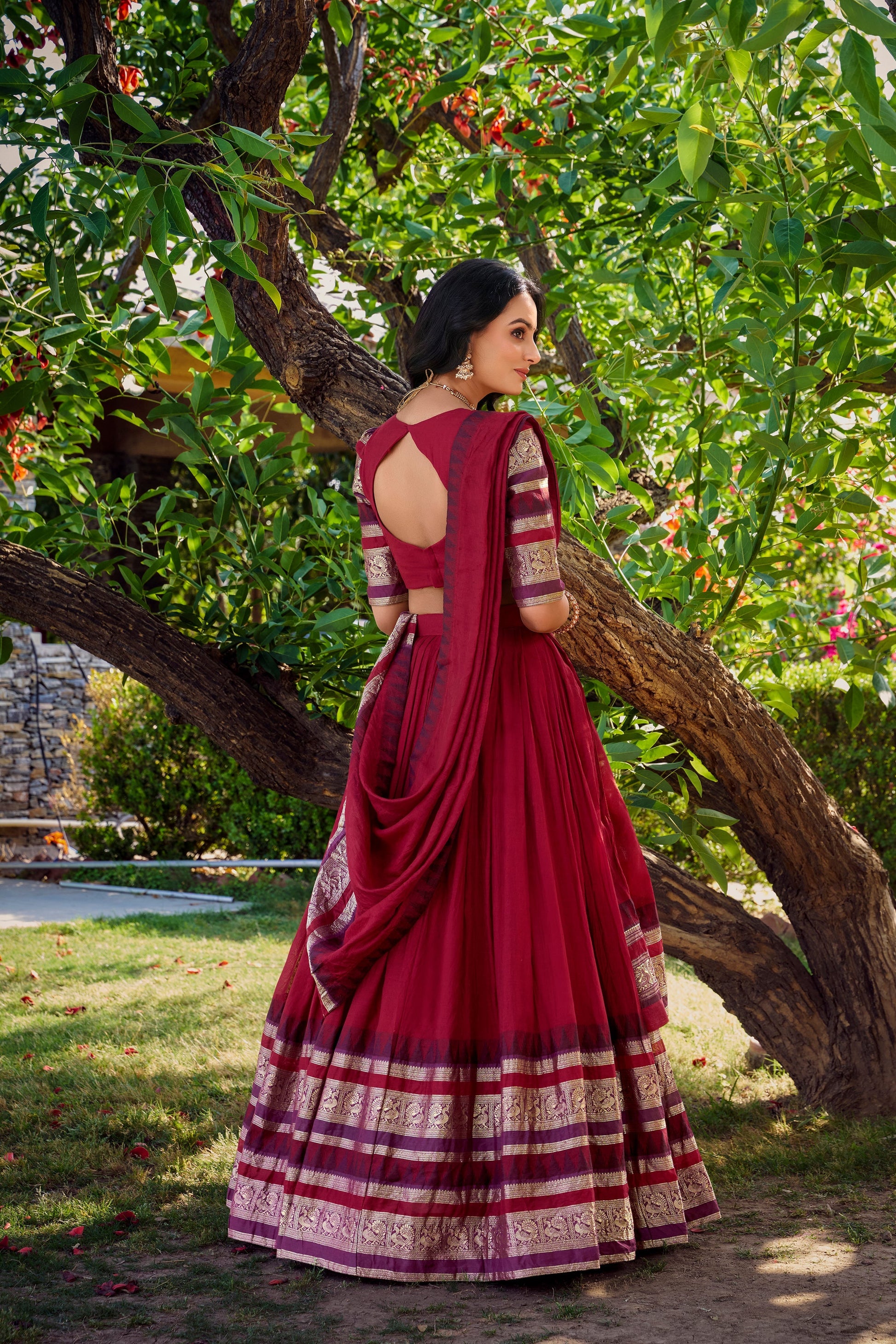 Lorenvalley Maroon Pure Chanderi Plain With Zari Weaving Work Border Lehenga Choli with Dupatta 