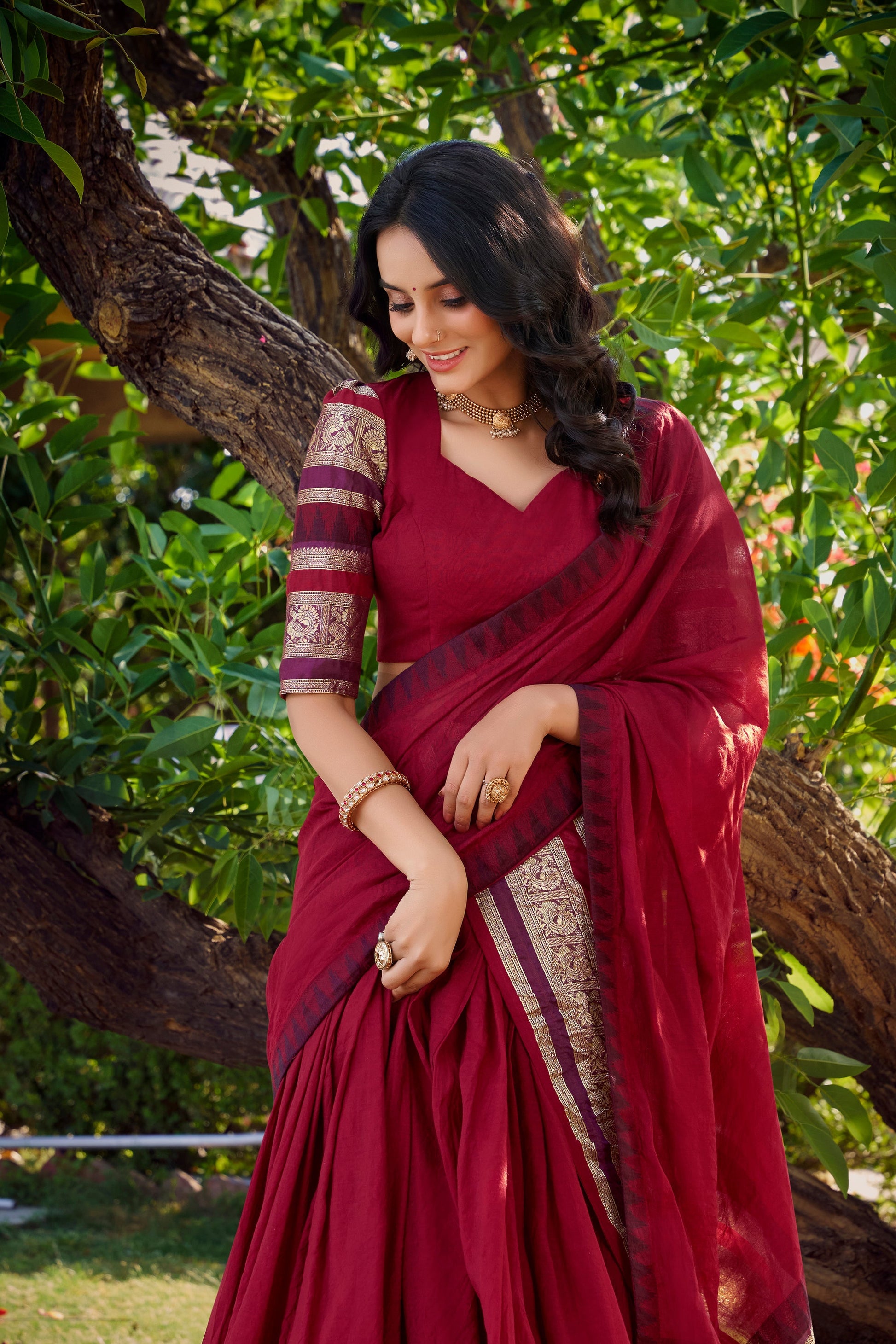 Lorenvalley Maroon Pure Chanderi Plain With Zari Weaving Work Border Lehenga Choli with Dupatta 
