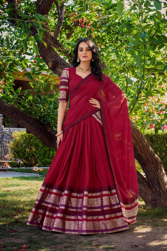 Lorenvalley Maroon Pure Chanderi Plain With Zari Weaving Work Border Lehenga Choli with Dupatta 
