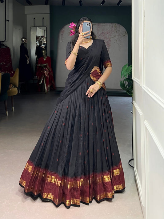 Lorenvalley Fashion Black Pure Chanderi Zari Weaving Work Lehenga Choli with Dupatta 