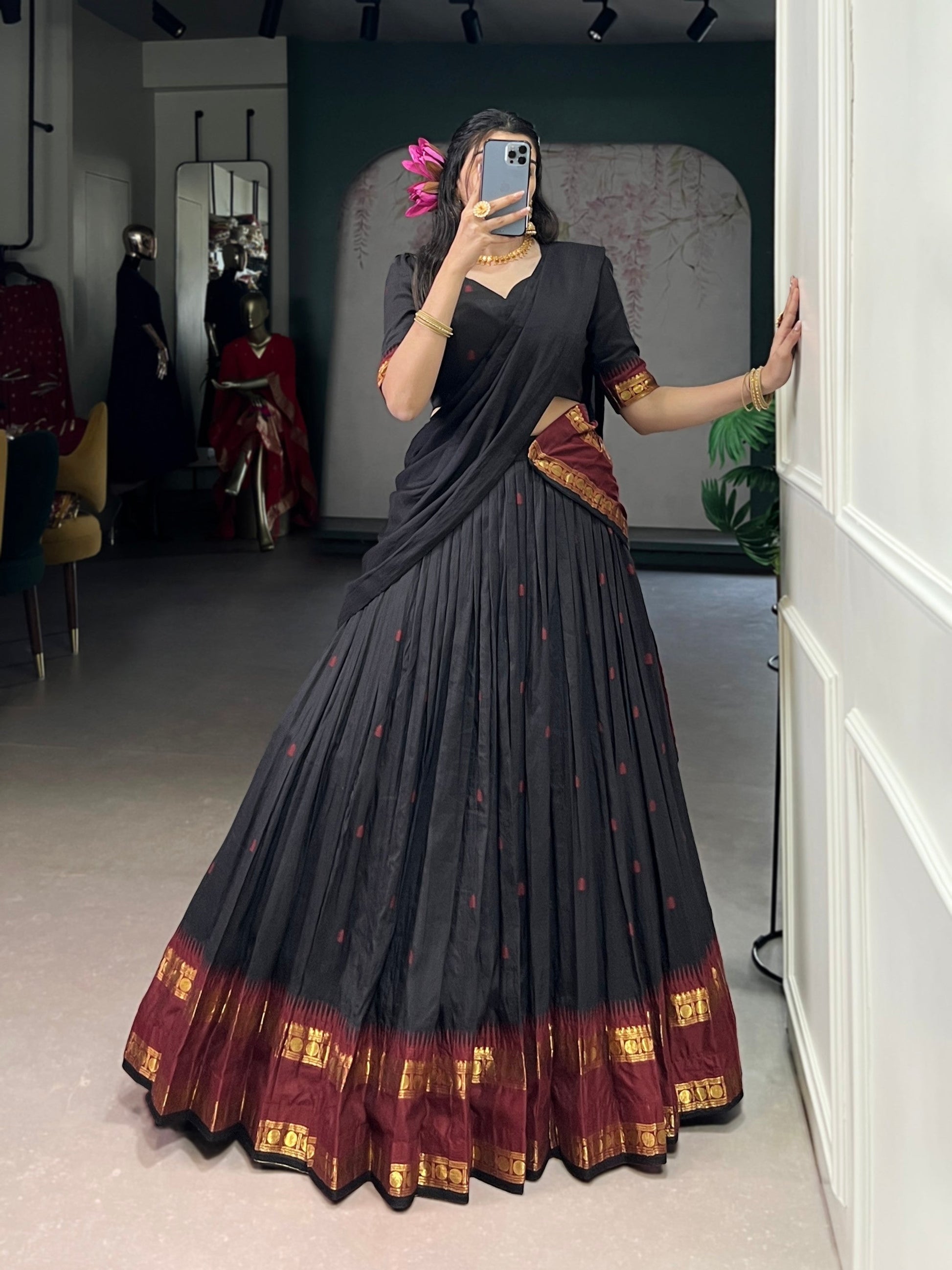 Lorenvalley Fashion Black Pure Chanderi Zari Weaving Work Lehenga Choli with Dupatta 
