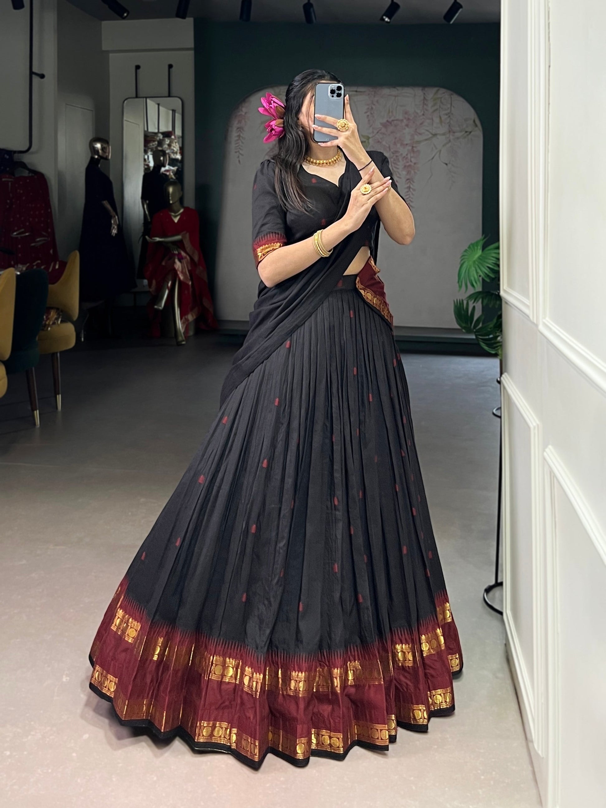 Lorenvalley Fashion Black Pure Chanderi Zari Weaving Work Lehenga Choli with Dupatta 