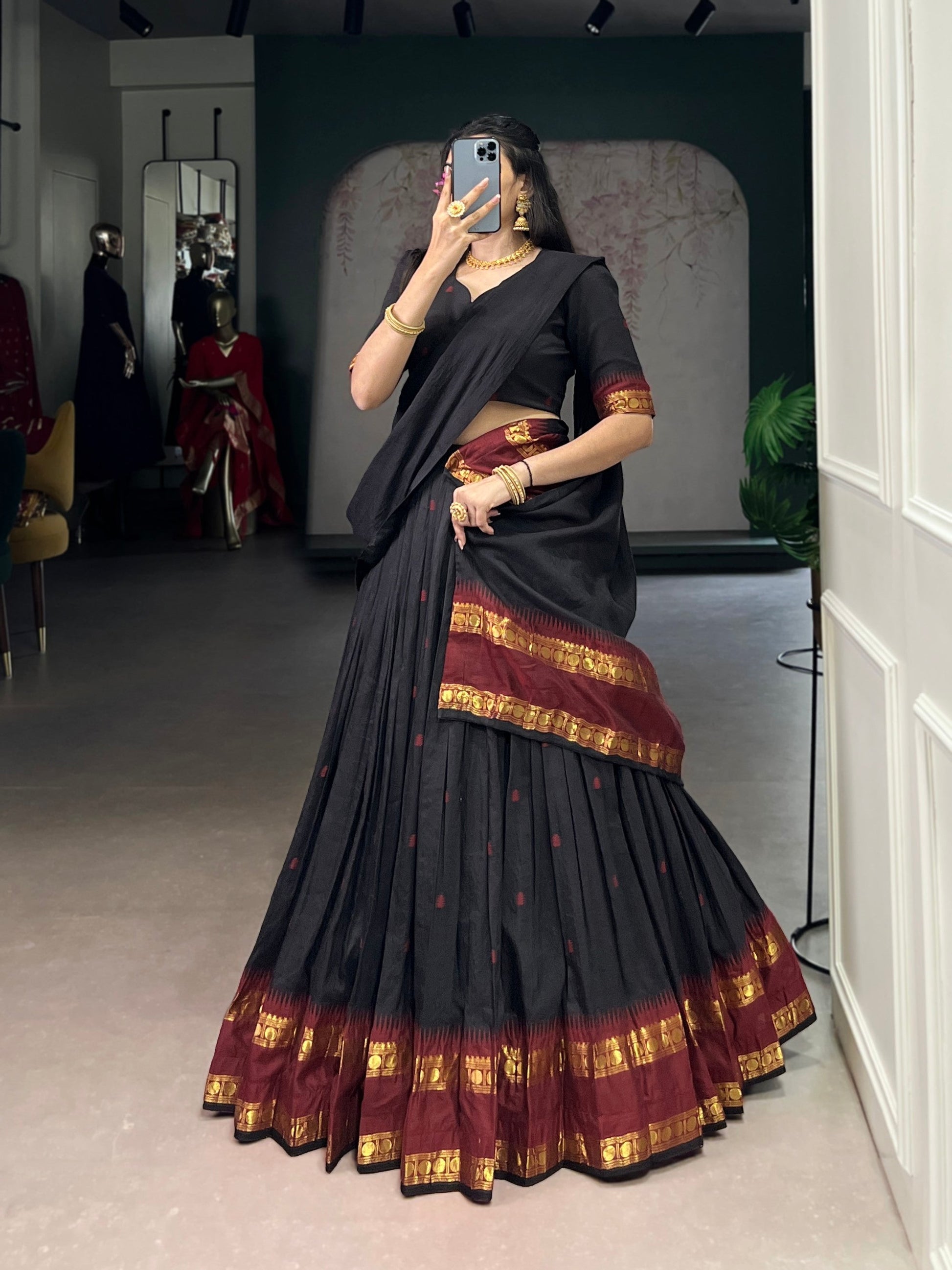 Lorenvalley Fashion Black Pure Chanderi Zari Weaving Work Lehenga Choli with Dupatta 