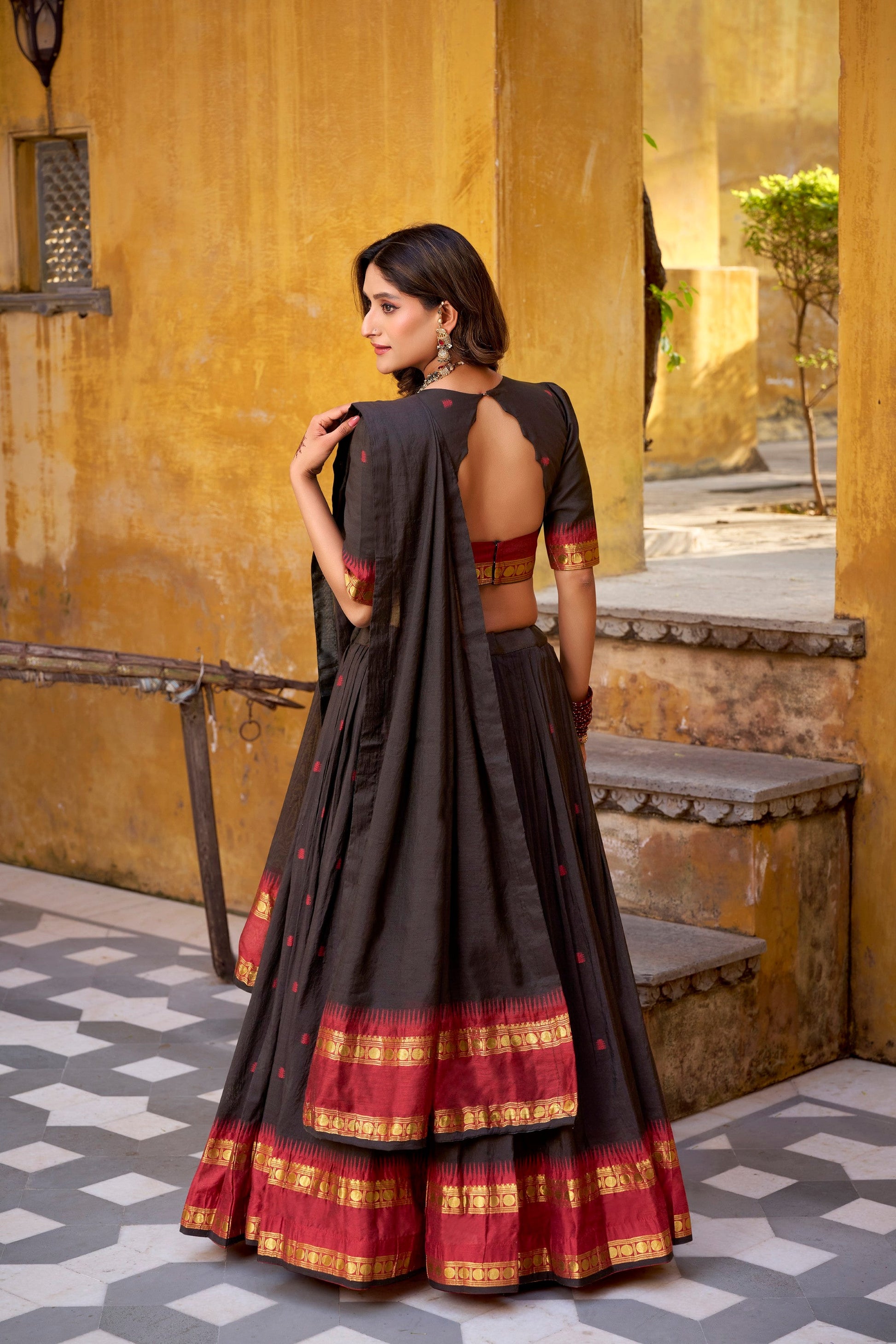 Lorenvalley Fashion Black Pure Chanderi Zari Weaving Work Lehenga Choli with Dupatta