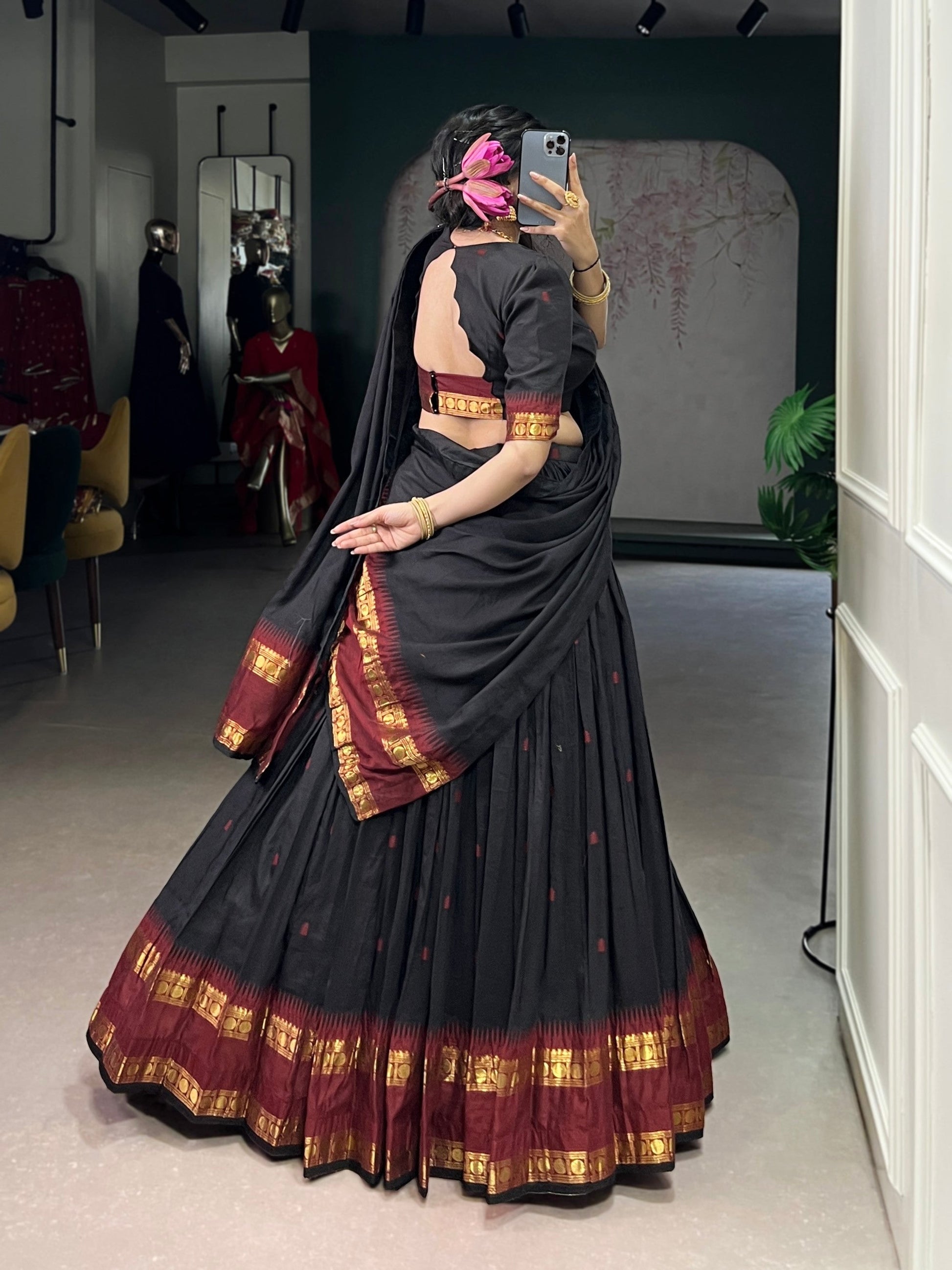 Lorenvalley Fashion Black Pure Chanderi Zari Weaving Work Lehenga Choli with Dupatta 