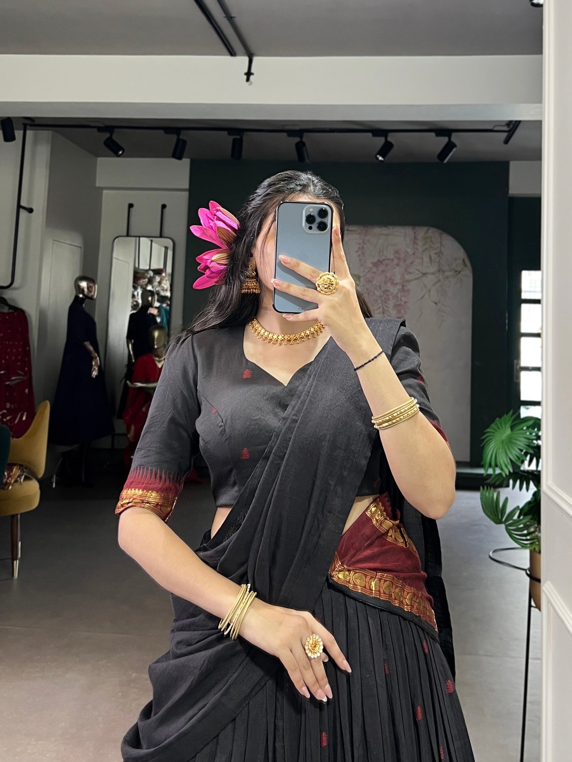 Lorenvalley Fashion Black Pure Chanderi Zari Weaving Work Lehenga Choli with Dupatta 