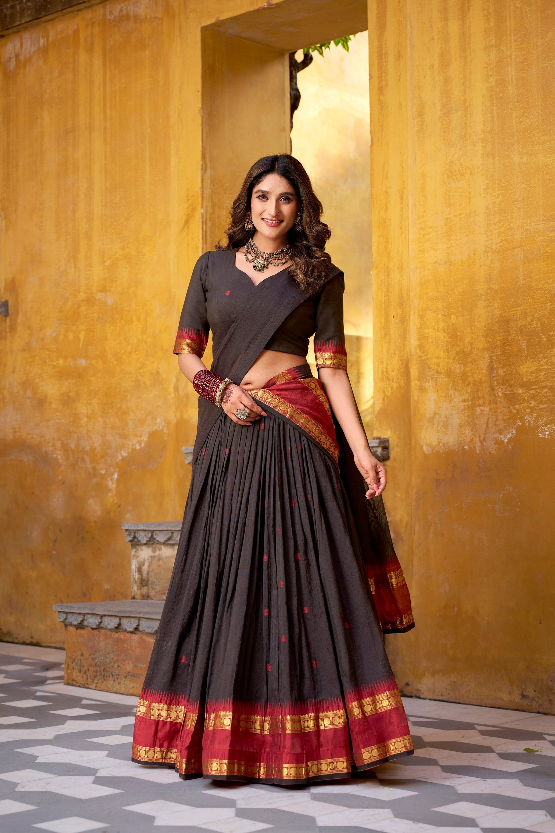 Lorenvalley Fashion Black Pure Chanderi Zari Weaving Work Lehenga Choli with Dupatta