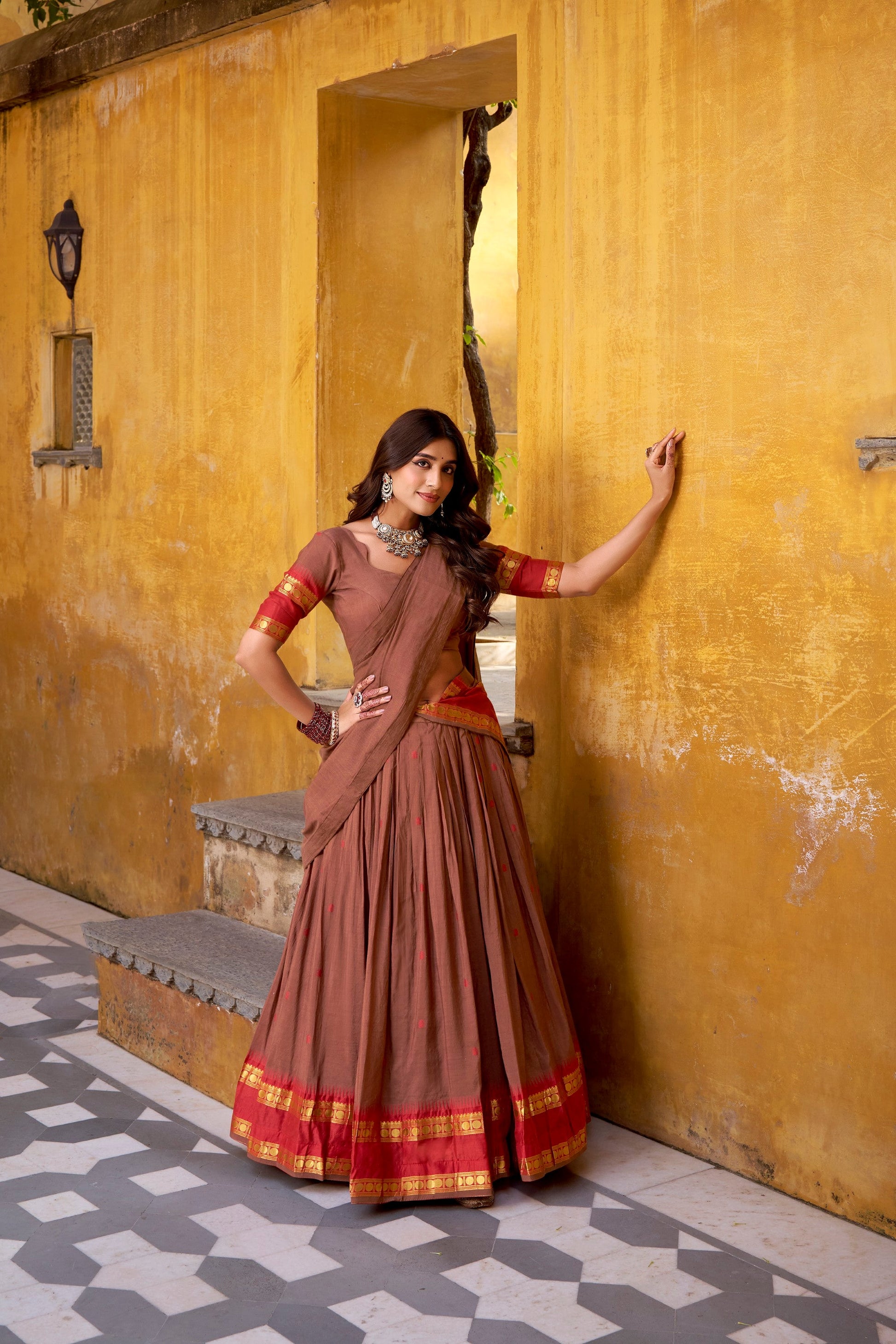 Lorenvalley Fashion Brown Pure Chanderi Zari Weaving Work Lehenga Choli with Dupatta