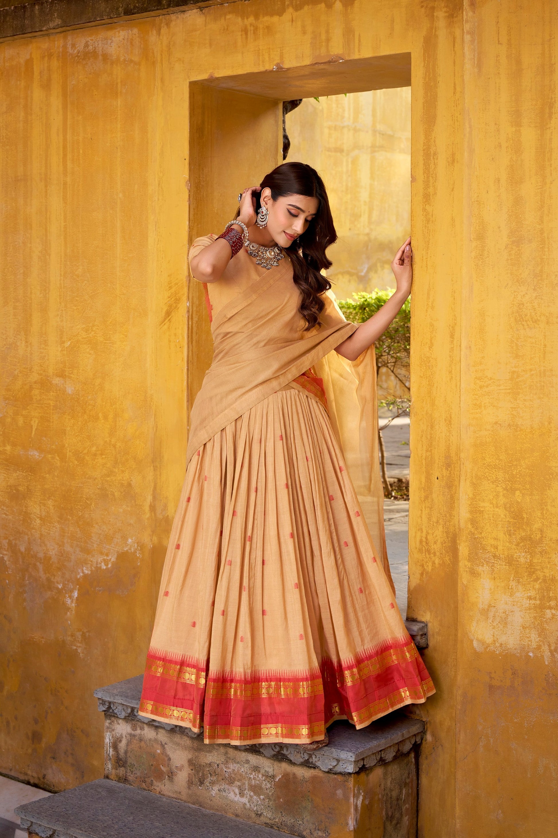 Lorenvalley Fashion Cream Pure Chanderi Zari Weaving Work Lehenga Choli with Dupatta