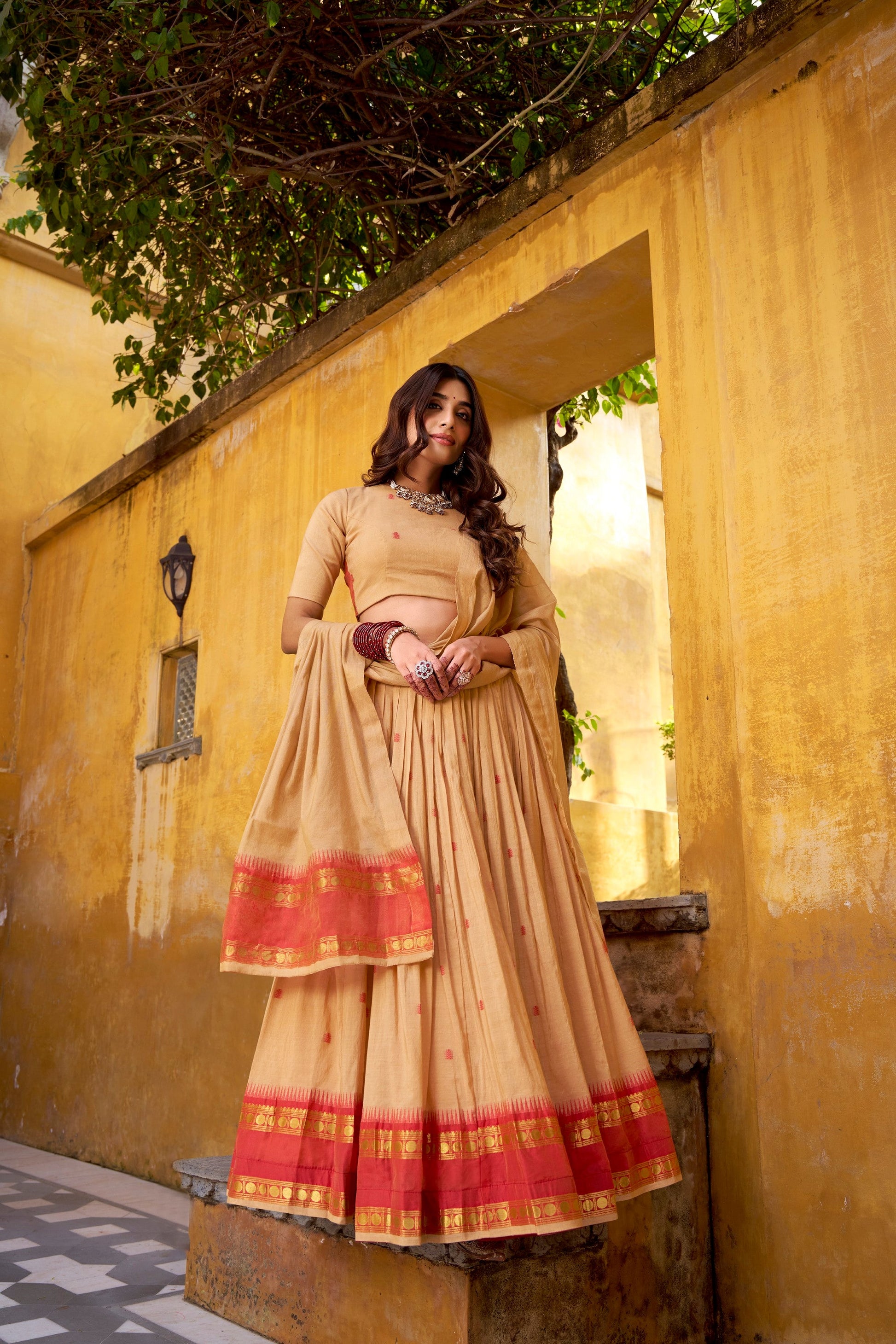 Lorenvalley Fashion Cream Pure Chanderi Zari Weaving Work Lehenga Choli with Dupatta