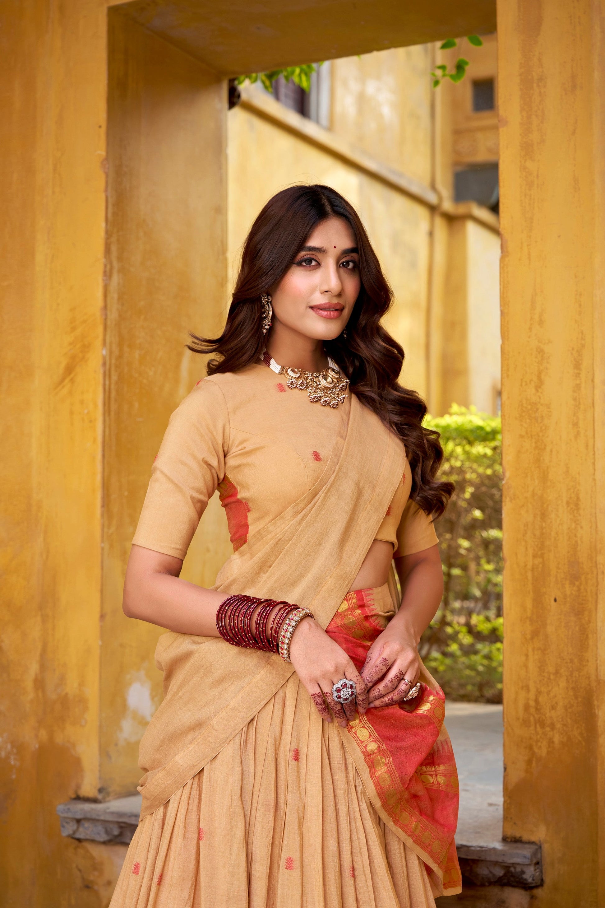 Lorenvalley Fashion Cream Pure Chanderi Zari Weaving Work Lehenga Choli with Dupatta