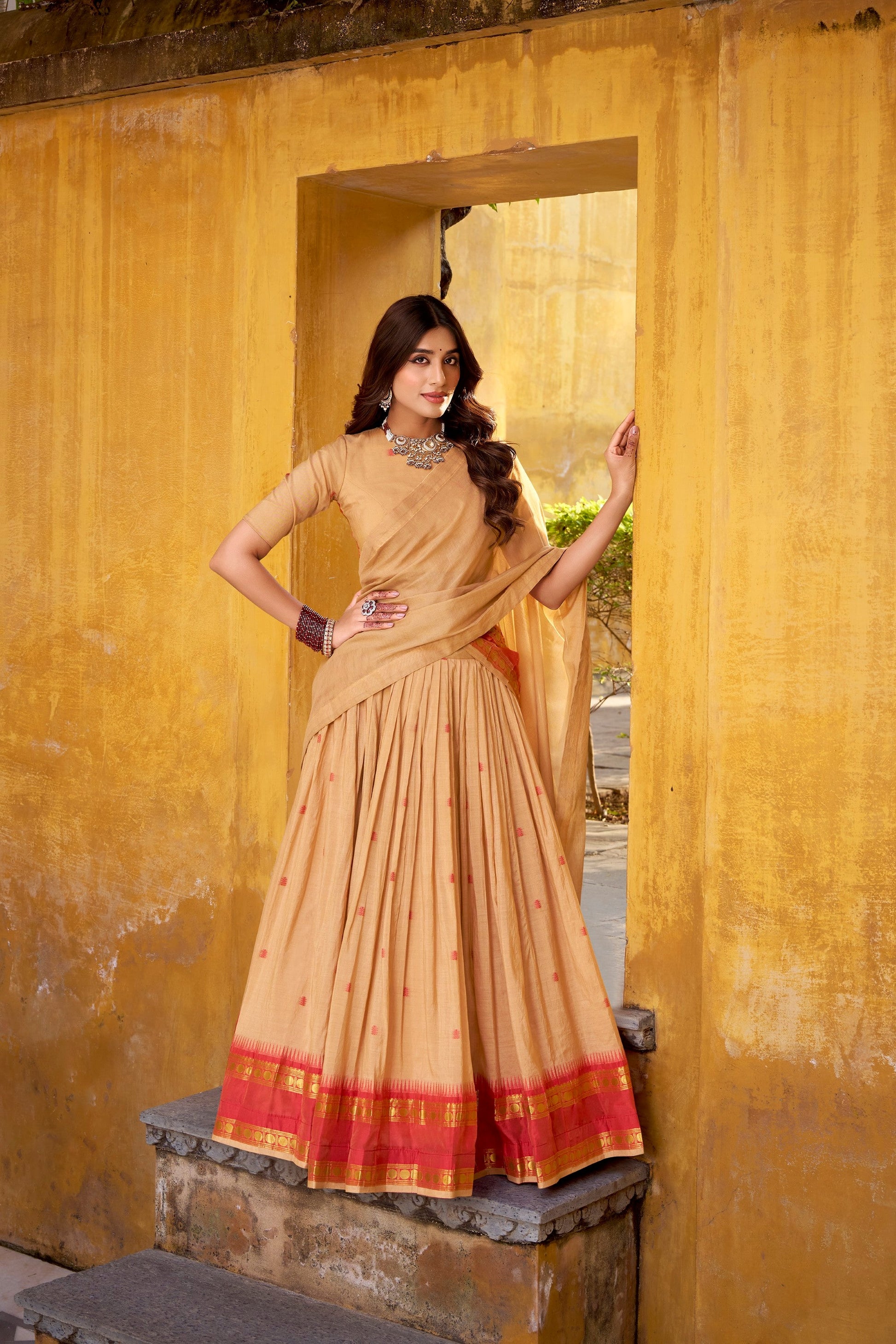 Lorenvalley Fashion Cream Pure Chanderi Zari Weaving Work Lehenga Choli with Dupatta