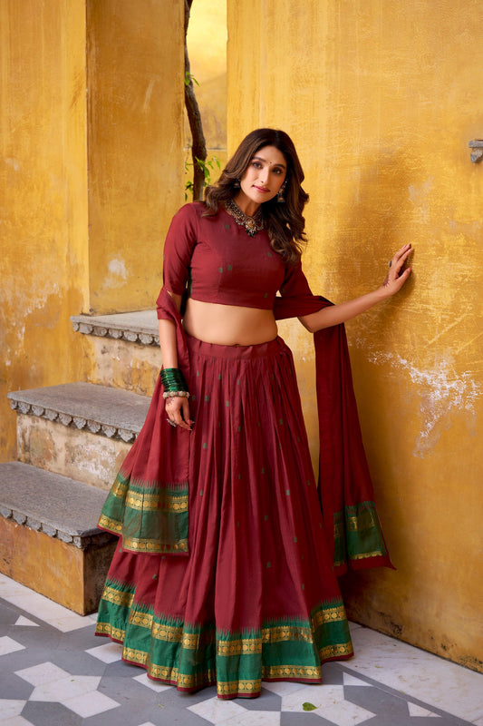 Lorenvalley Fashion Maroon Pure Chanderi Zari Weaving Work Lehenga Choli with Dupatta