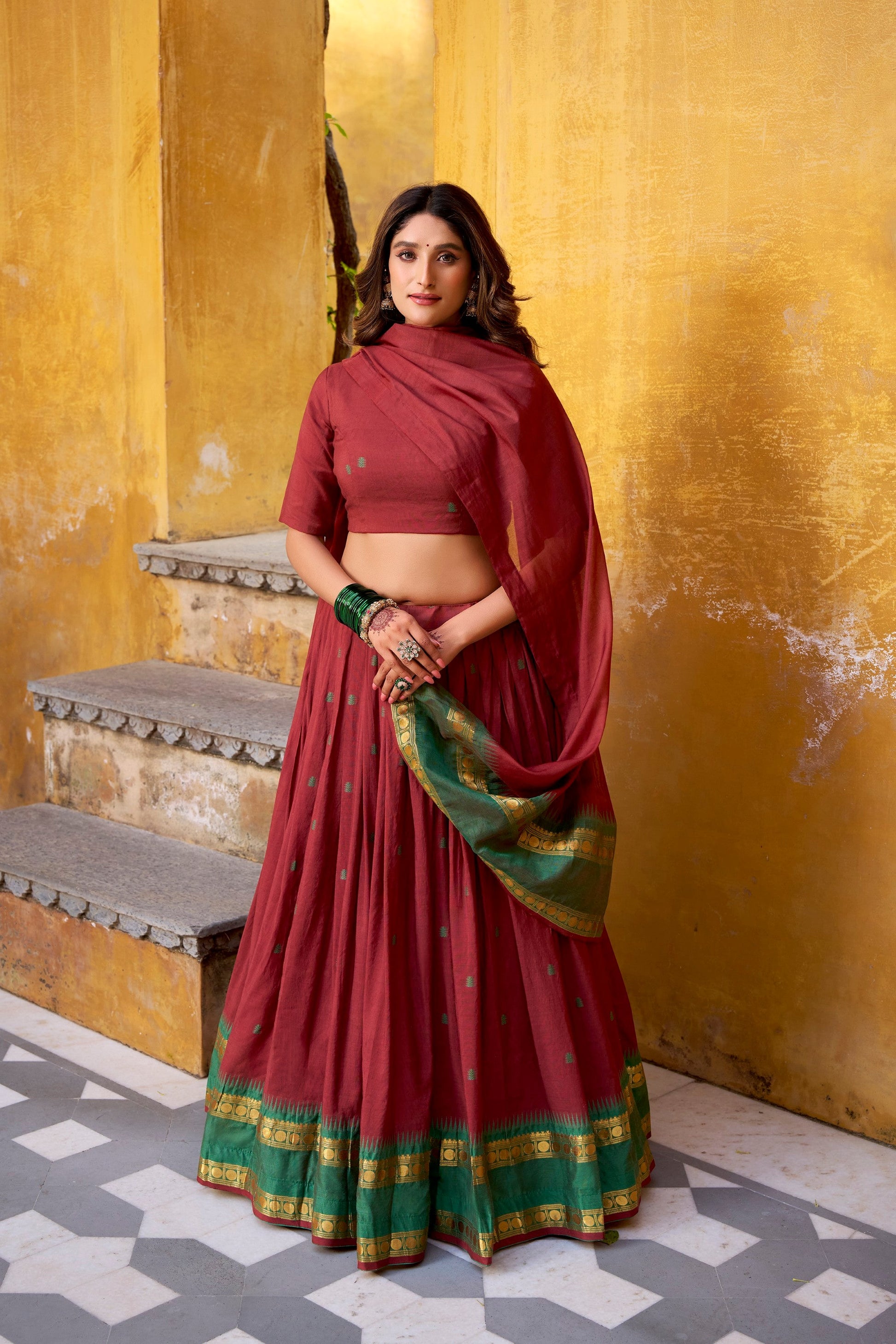 Lorenvalley Fashion Maroon Pure Chanderi Zari Weaving Work Lehenga Choli with Dupatta