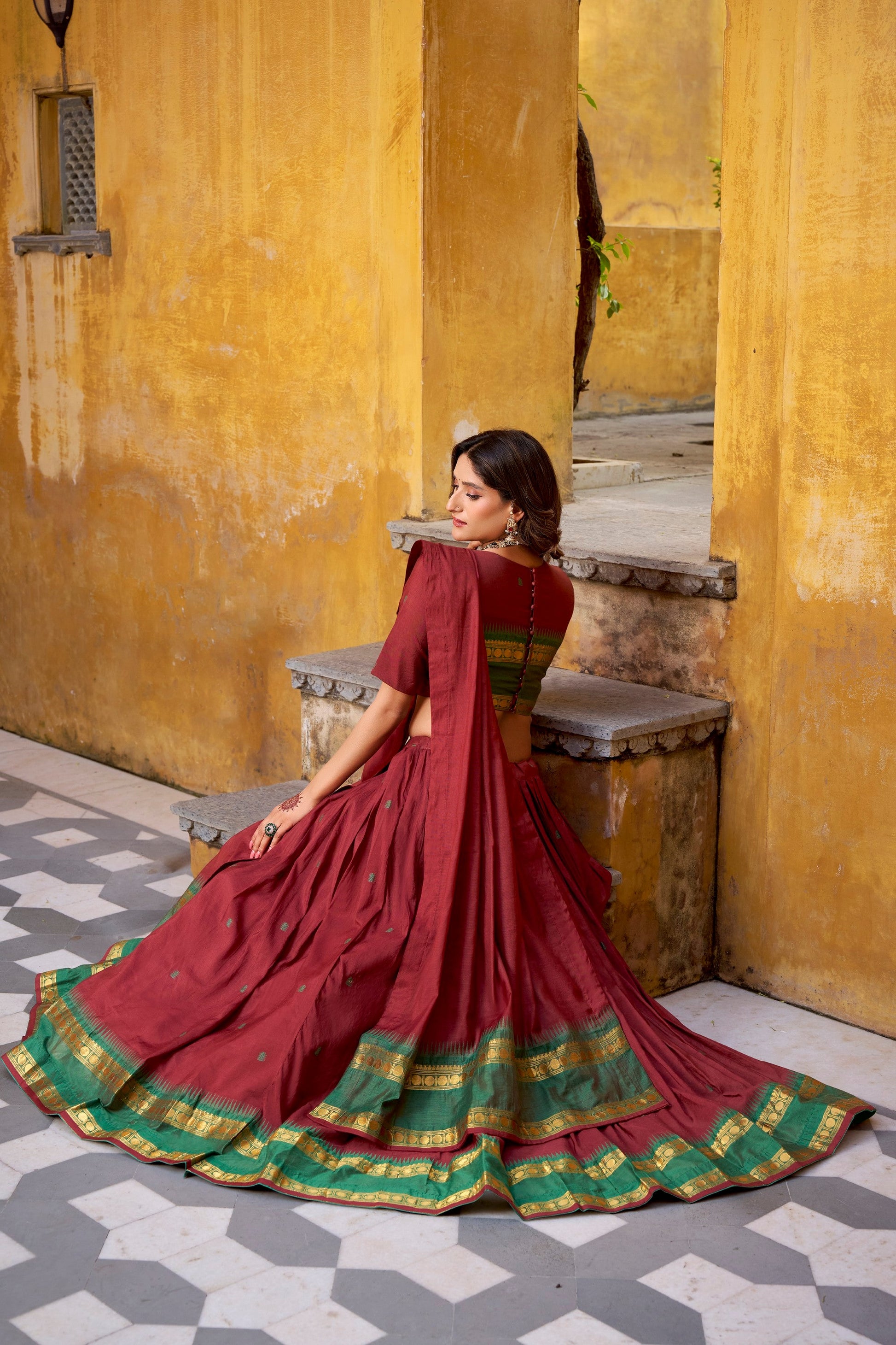 Lorenvalley Fashion Maroon Pure Chanderi Zari Weaving Work Lehenga Choli with Dupatta