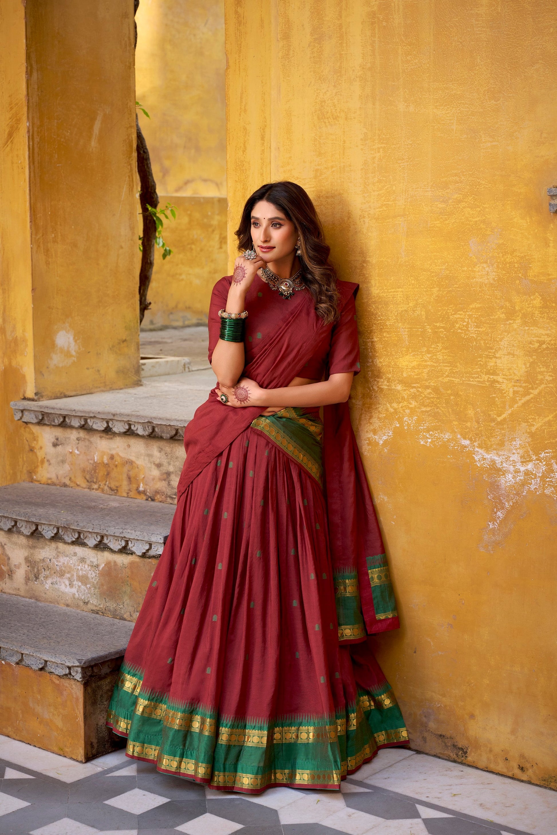 Lorenvalley Fashion Maroon Pure Chanderi Zari Weaving Work Lehenga Choli with Dupatta