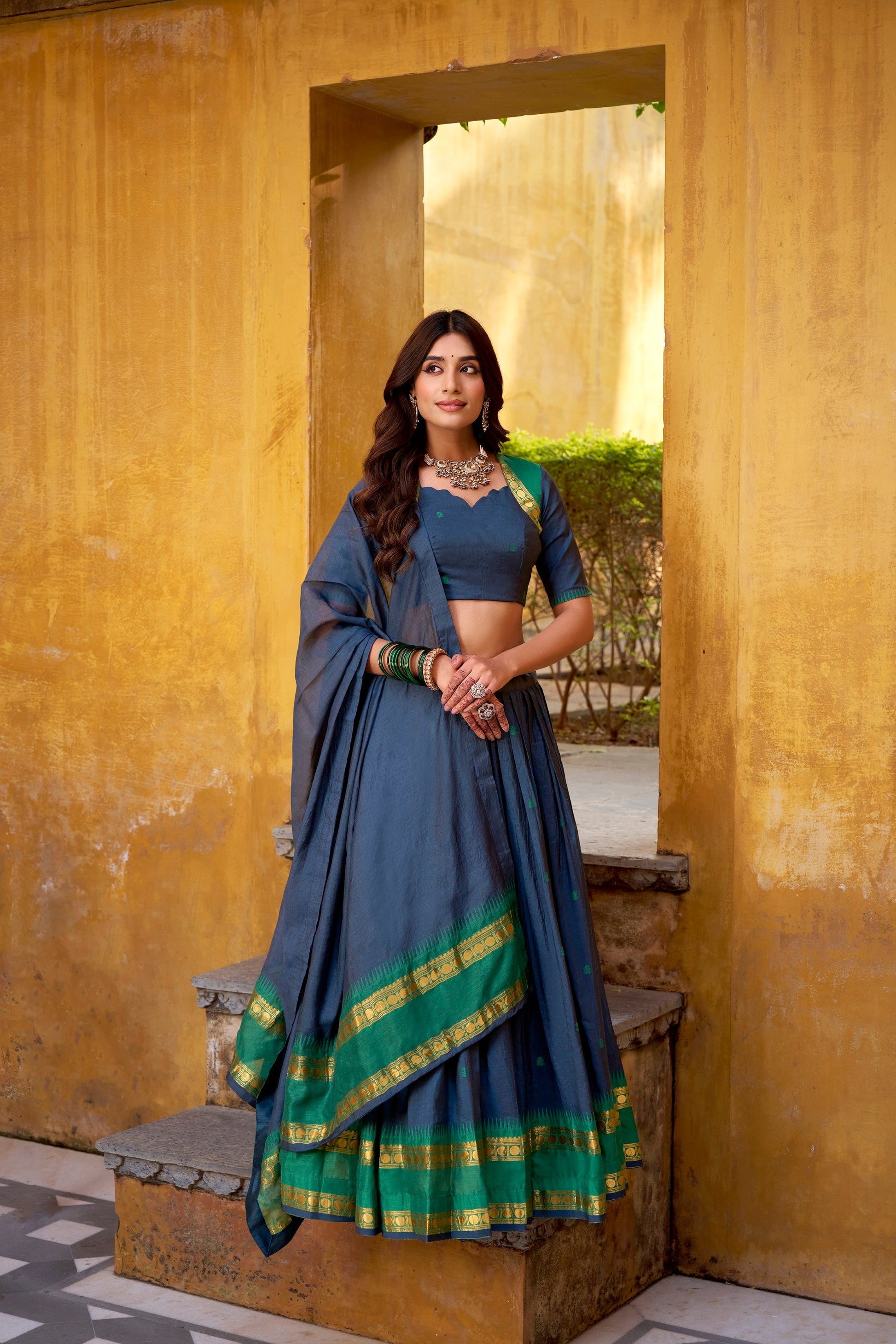 Lorenvalley Fashion Navy Blue Pure Chanderi Zari Weaving Work Lehenga Choli with Dupatta