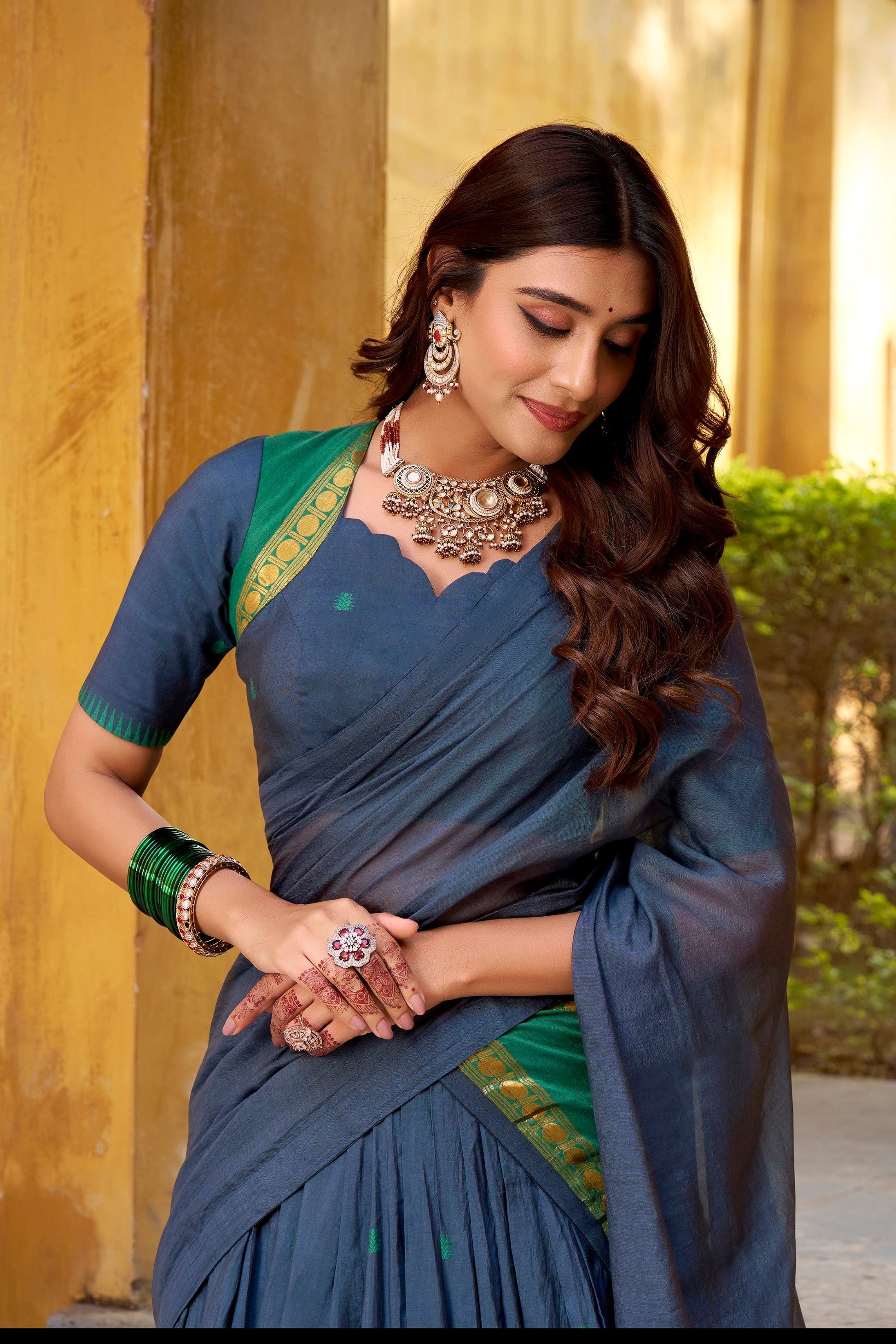 Lorenvalley Fashion Navy Blue Pure Chanderi Zari Weaving Work Lehenga Choli with Dupatta