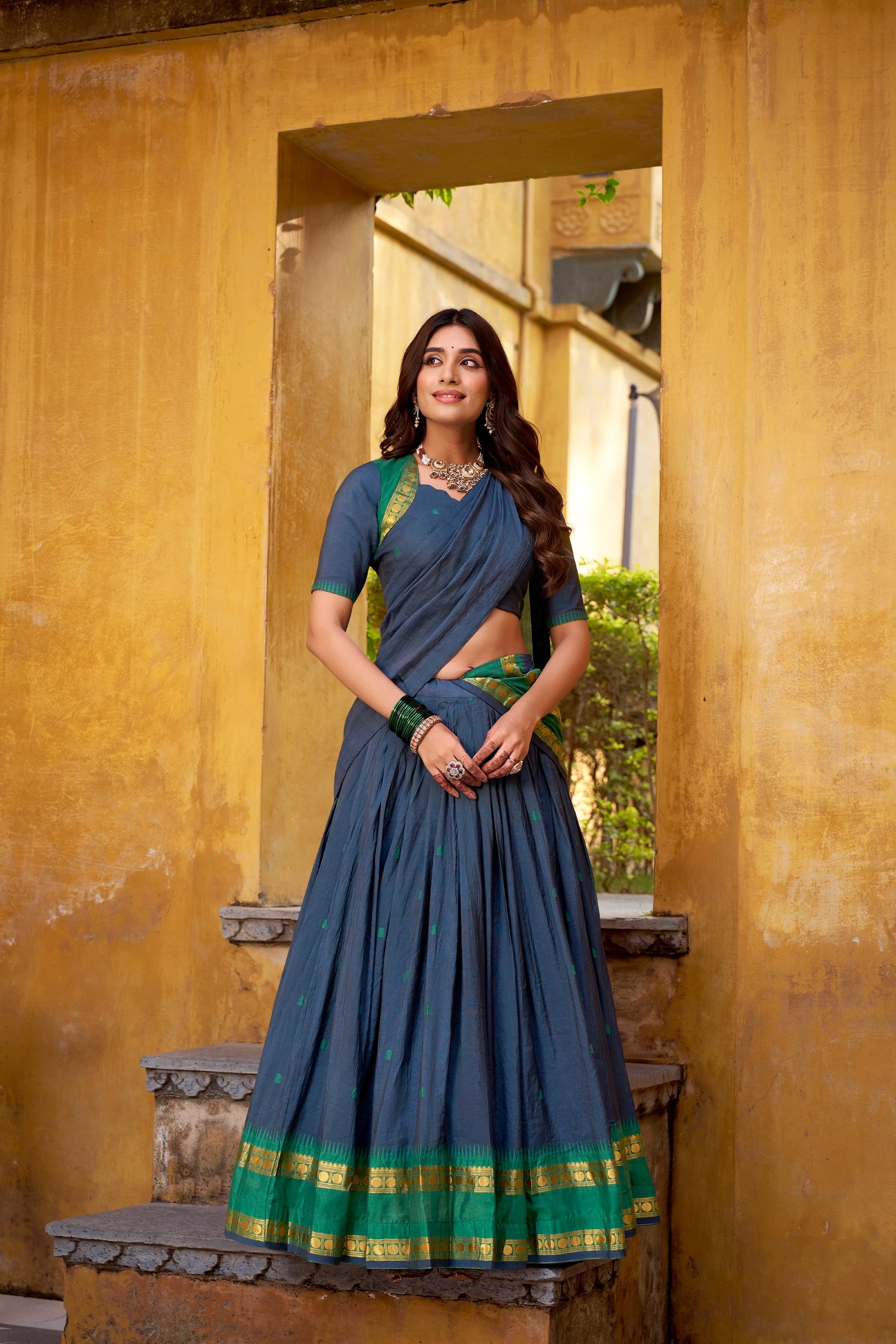 Lorenvalley Fashion Navy Blue Pure Chanderi Zari Weaving Work Lehenga Choli with Dupatta