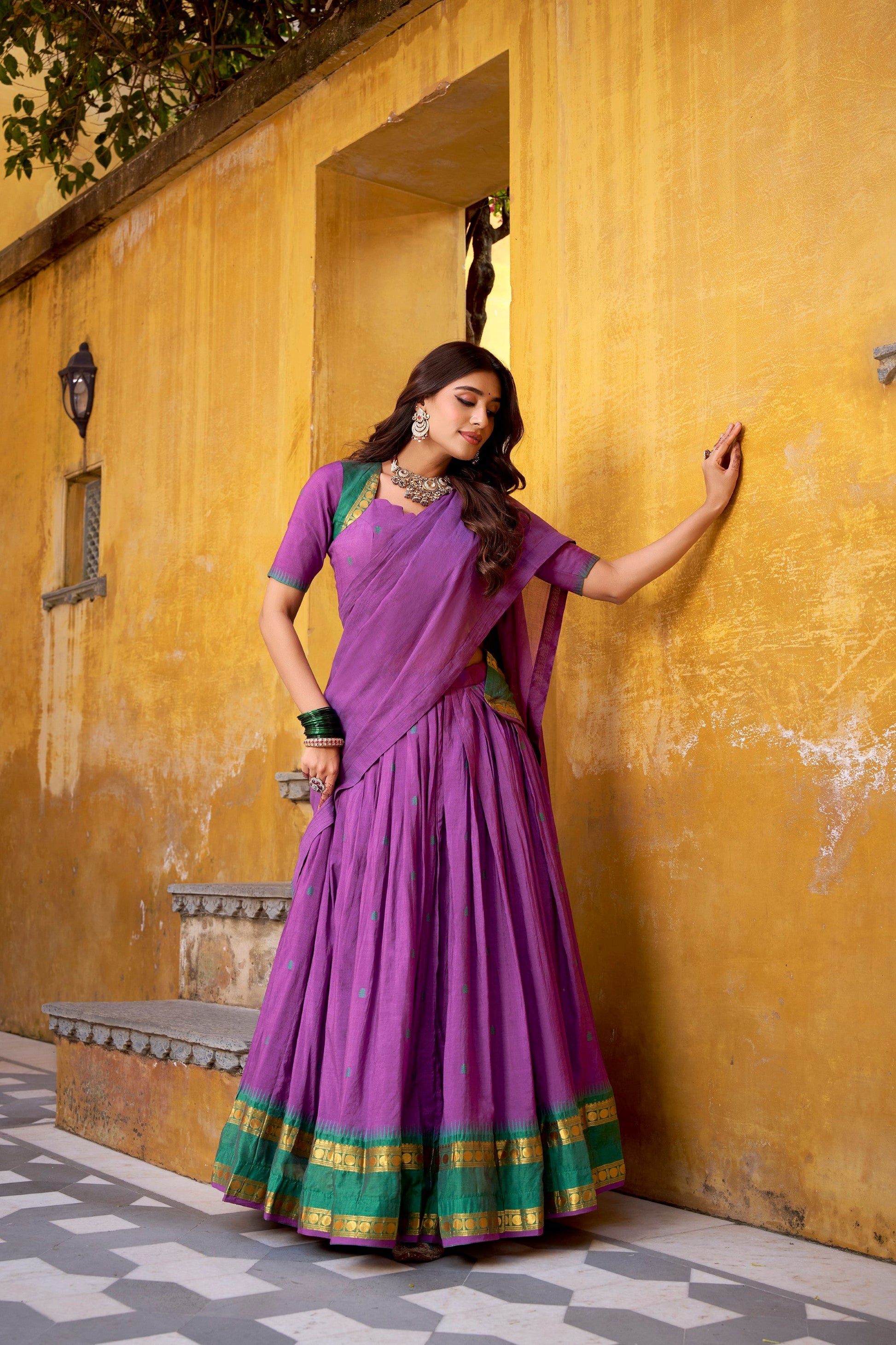 Lorenvalley Fashion Purple Pure Chanderi Zari Weaving Work Lehenga Choli with Dupatta