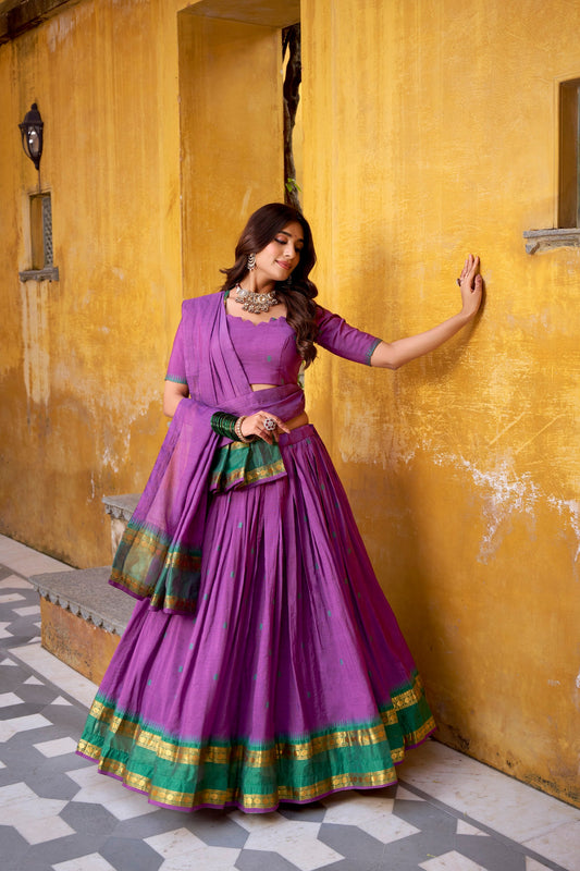 Lorenvalley Fashion Purple Pure Chanderi Zari Weaving Work Lehenga Choli with Dupatta