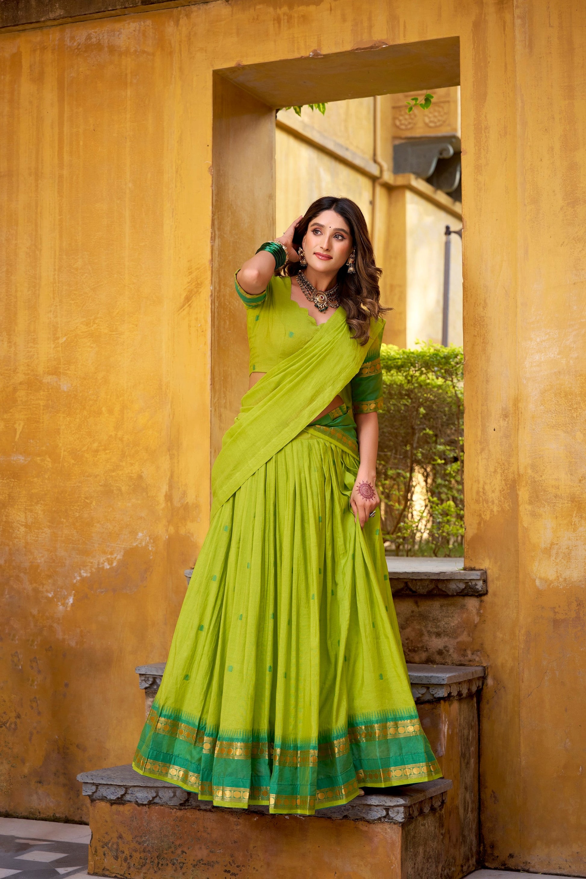 Lorenvalley Fashion Parrot Green Pure Chanderi Zari Weaving Work Lehenga Choli with Dupatta