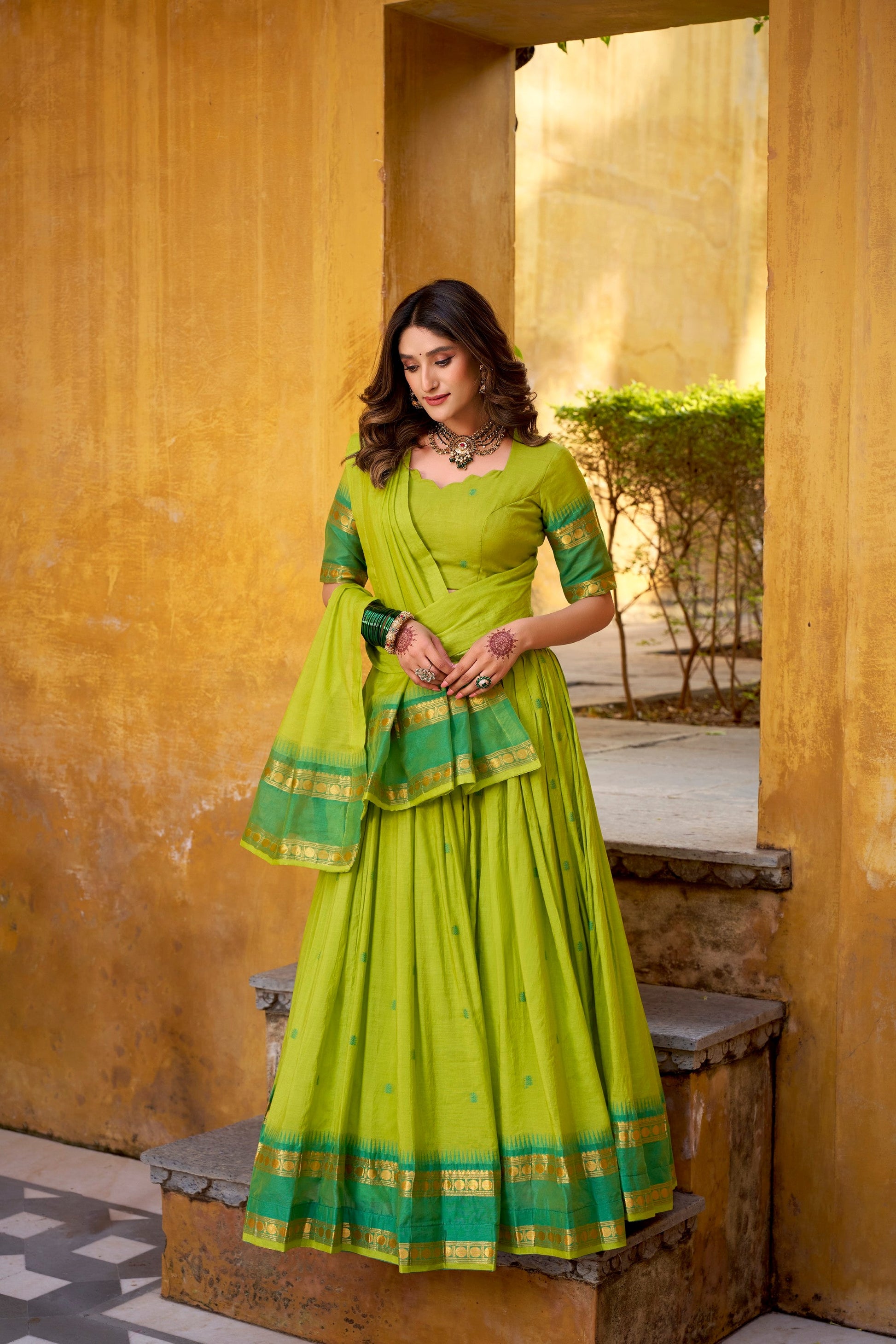 Lorenvalley Fashion Parrot Green Pure Chanderi Zari Weaving Work Lehenga Choli with Dupatta
