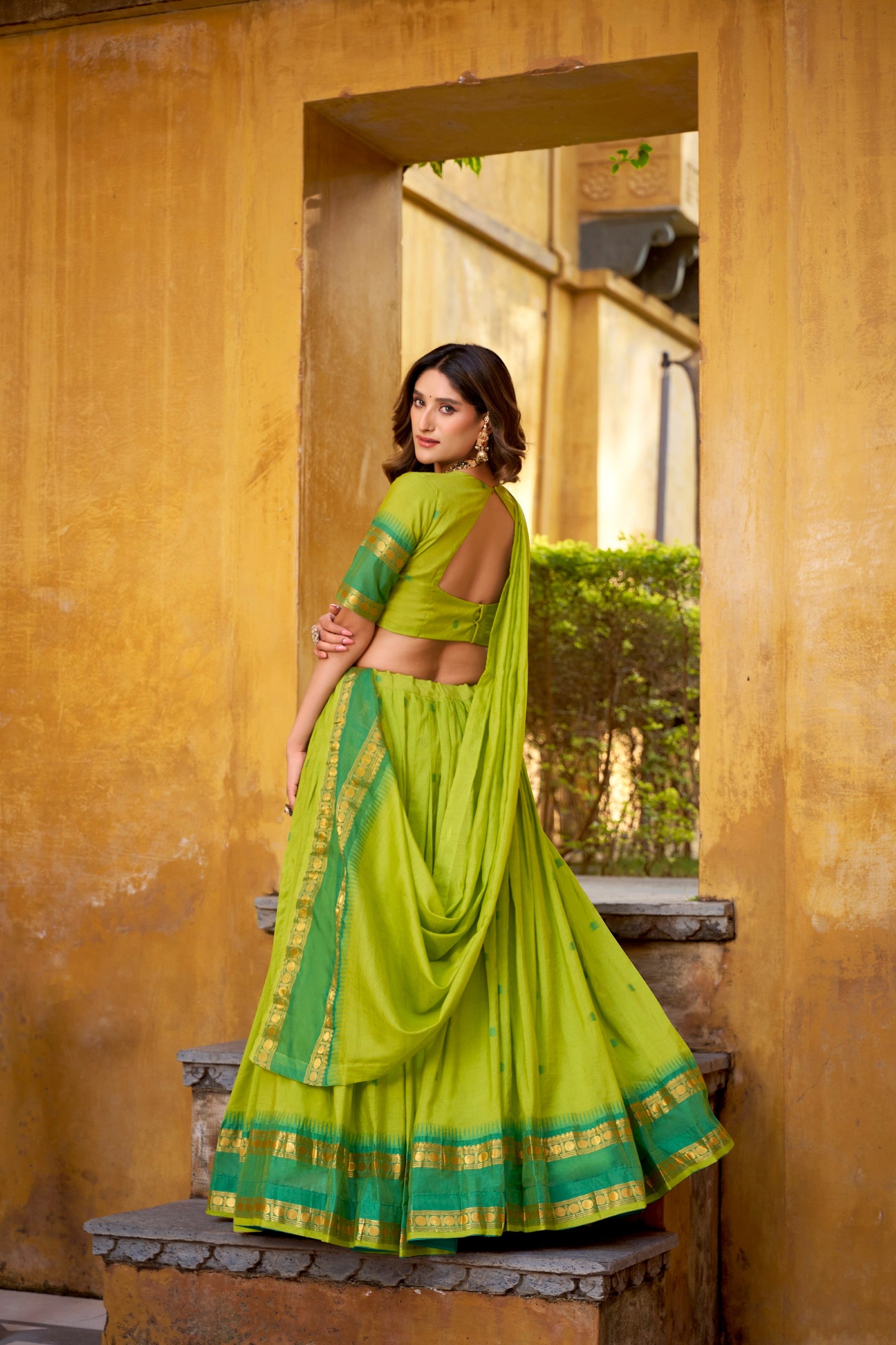 Lorenvalley Fashion Parrot Green Pure Chanderi Zari Weaving Work Lehenga Choli with Dupatta