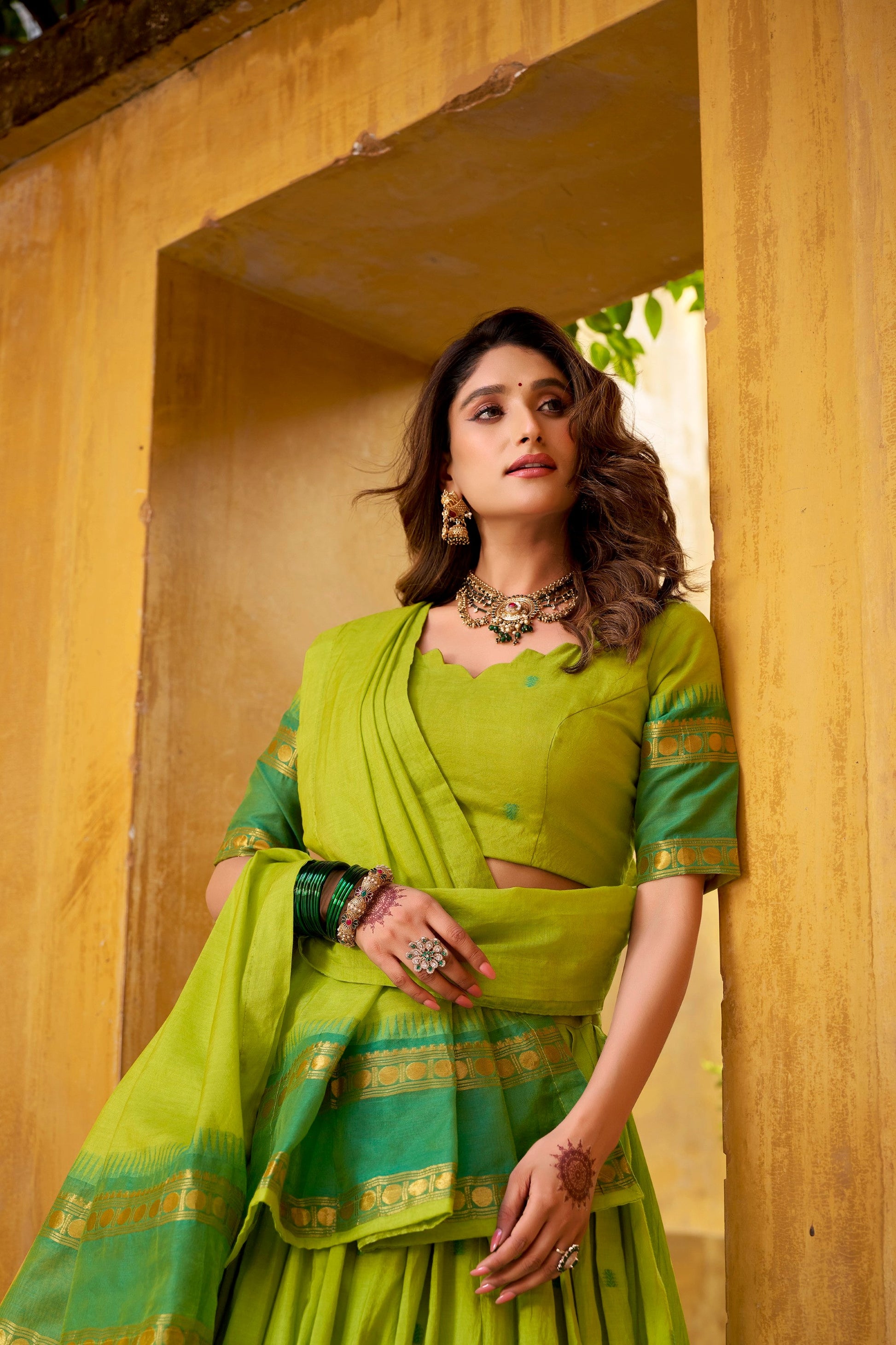 Lorenvalley Fashion Parrot Green Pure Chanderi Zari Weaving Work Lehenga Choli with Dupatta