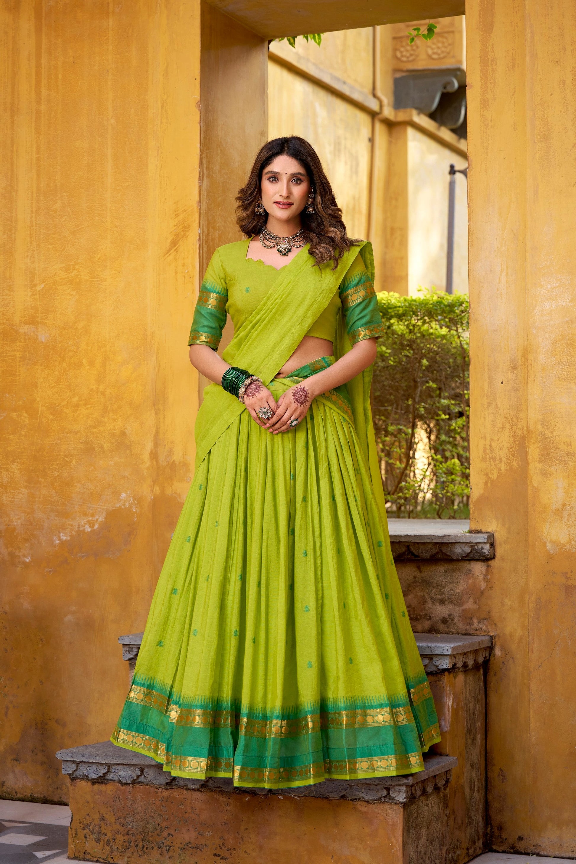 Lorenvalley Fashion Parrot Green Pure Chanderi Zari Weaving Work Lehenga Choli with Dupatta