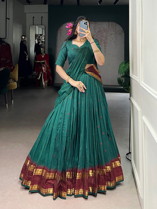 Lorenvalley Fashion Teal Pure Chanderi Zari Weaving Work Lehenga Choli with Dupatta 
