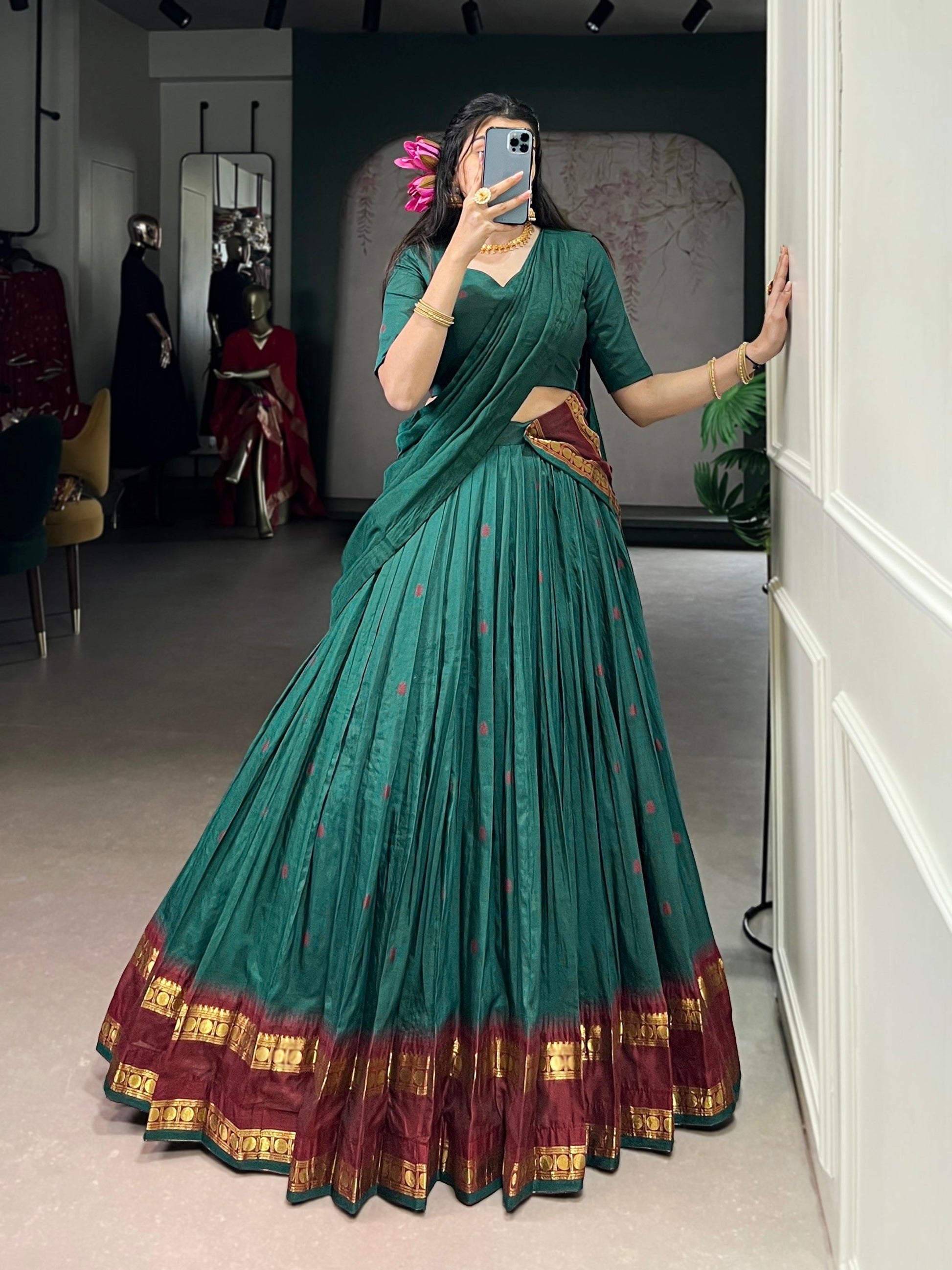 Lorenvalley Fashion Teal Pure Chanderi Zari Weaving Work Lehenga Choli with Dupatta 