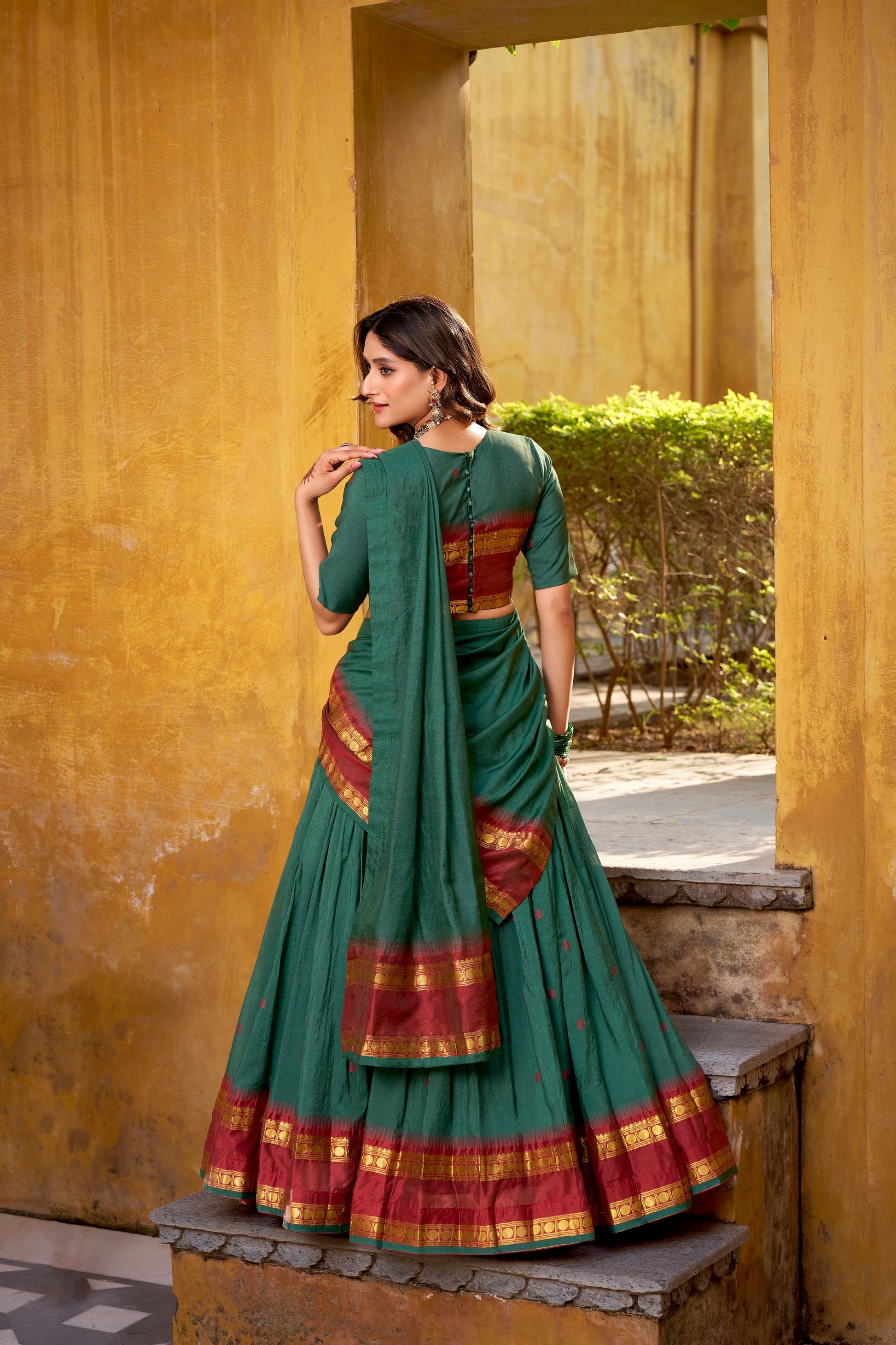Lorenvalley Fashion Teal Pure Chanderi Zari Weaving Work Lehenga Choli with Dupatta