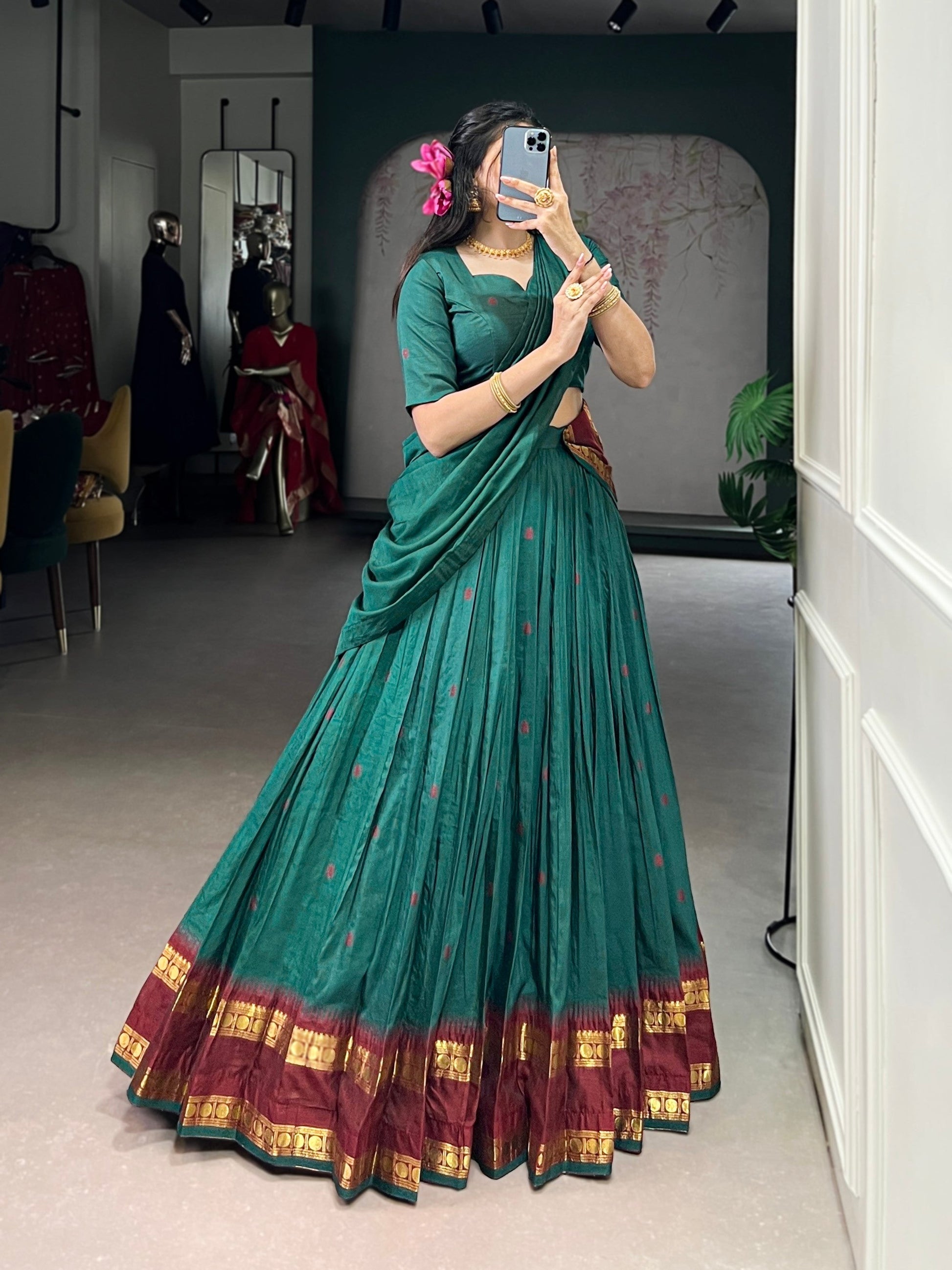 Lorenvalley Fashion Teal Pure Chanderi Zari Weaving Work Lehenga Choli with Dupatta 