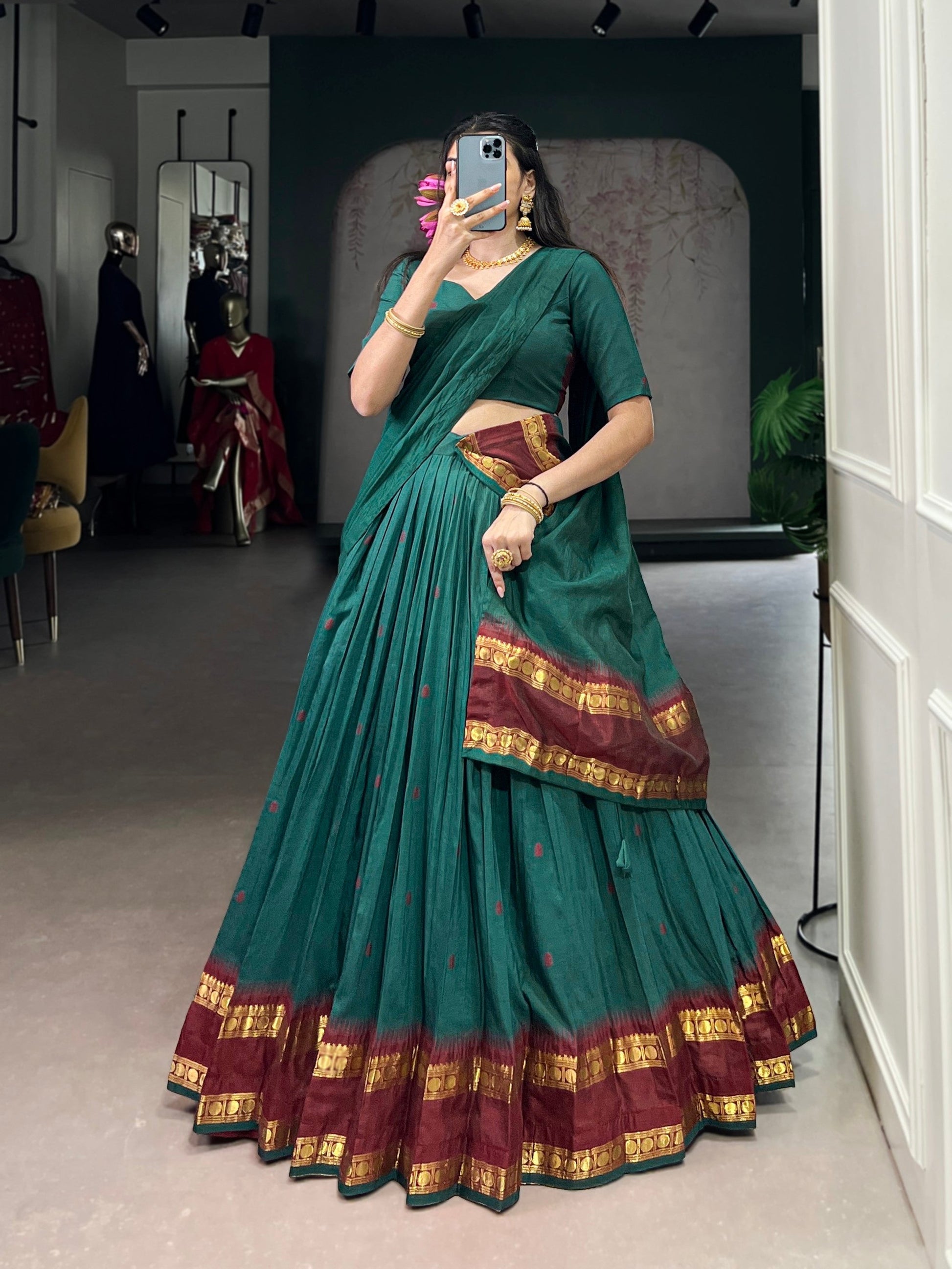 Lorenvalley Fashion Teal Pure Chanderi Zari Weaving Work Lehenga Choli with Dupatta 
