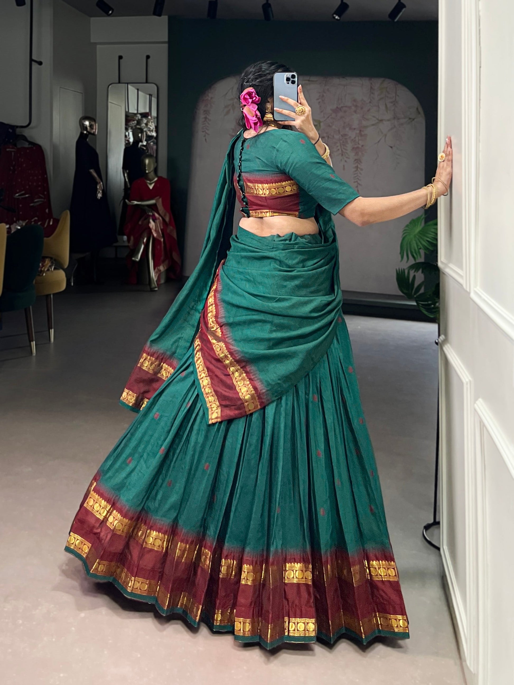 Lorenvalley Fashion Teal Pure Chanderi Zari Weaving Work Lehenga Choli with Dupatta 