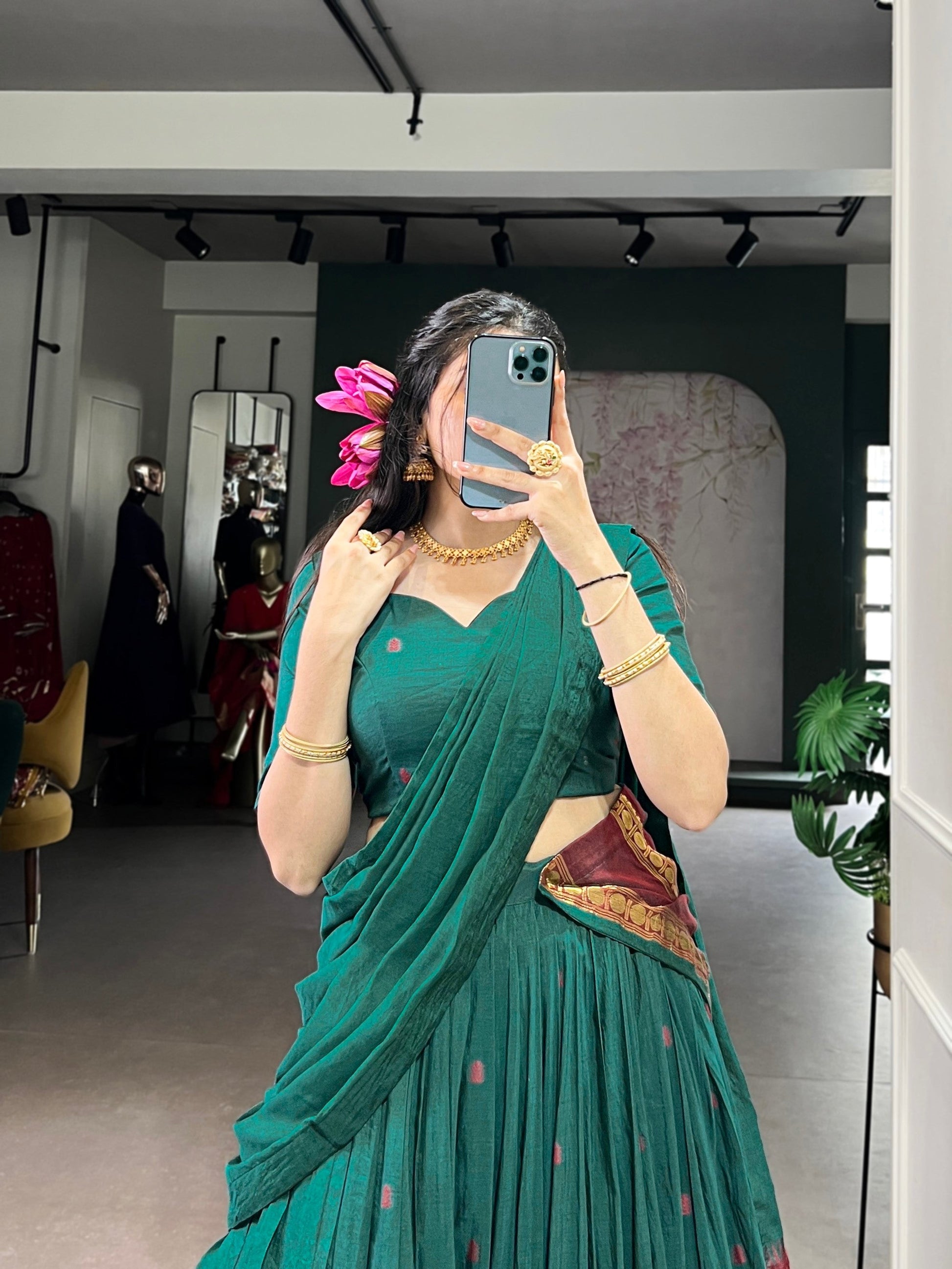 Lorenvalley Fashion Teal Pure Chanderi Zari Weaving Work Lehenga Choli with Dupatta 