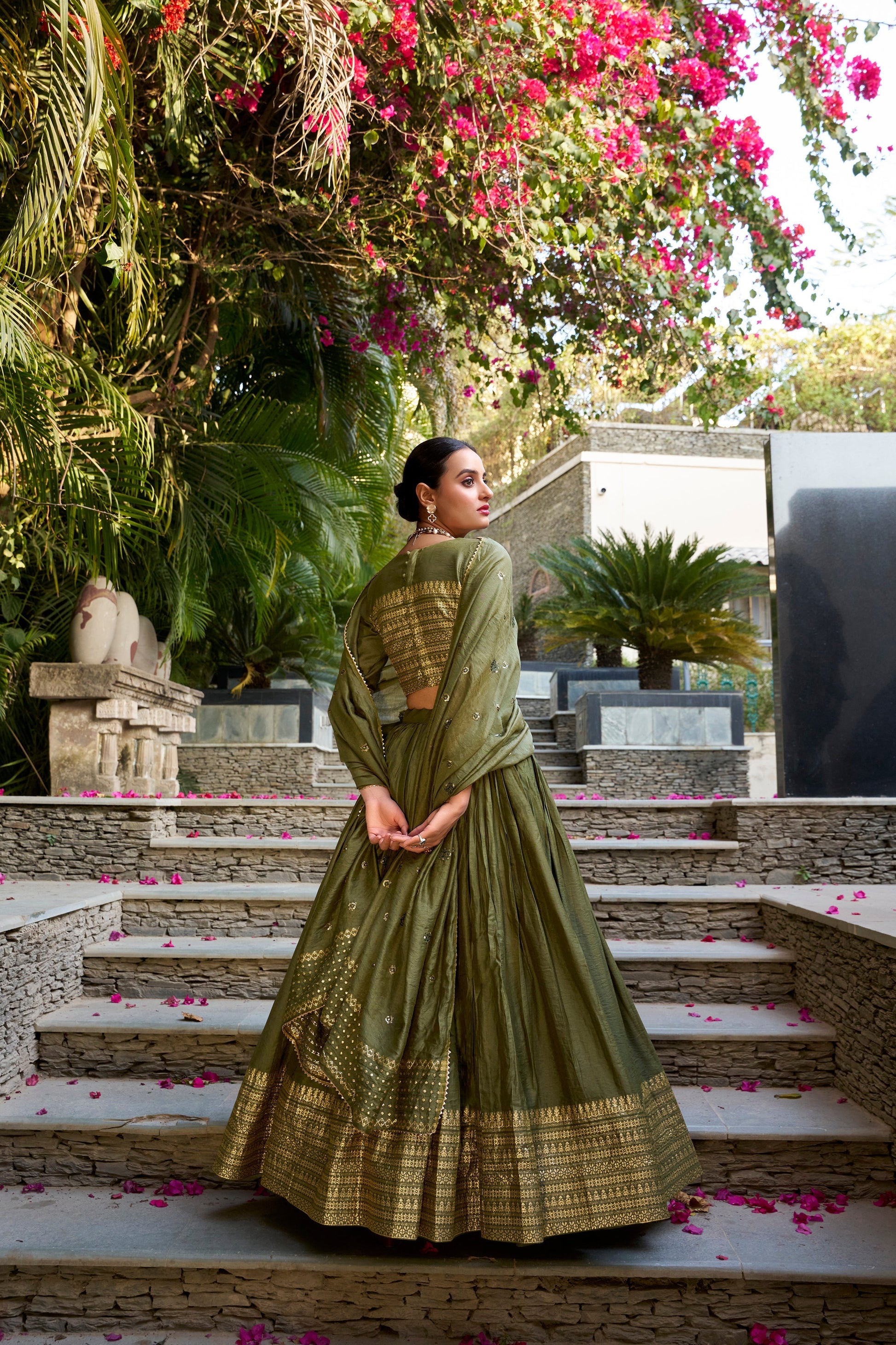 Lorenvalley Mehendi Pure Chanderi Plain With Zari Weaving Work Border Lehenga Choli 