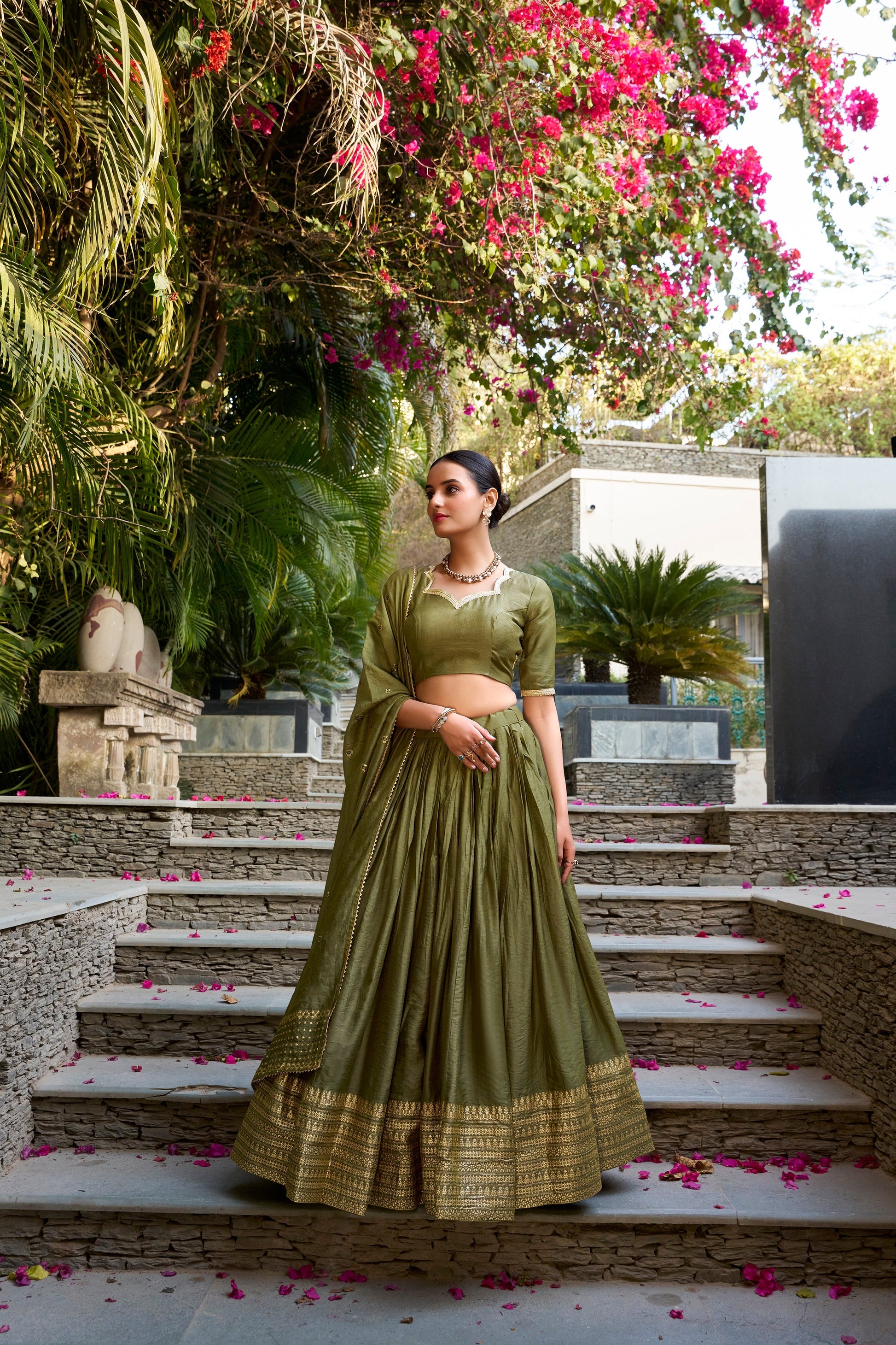 Lorenvalley Mehendi Pure Chanderi Plain With Zari Weaving Work Border Lehenga Choli 