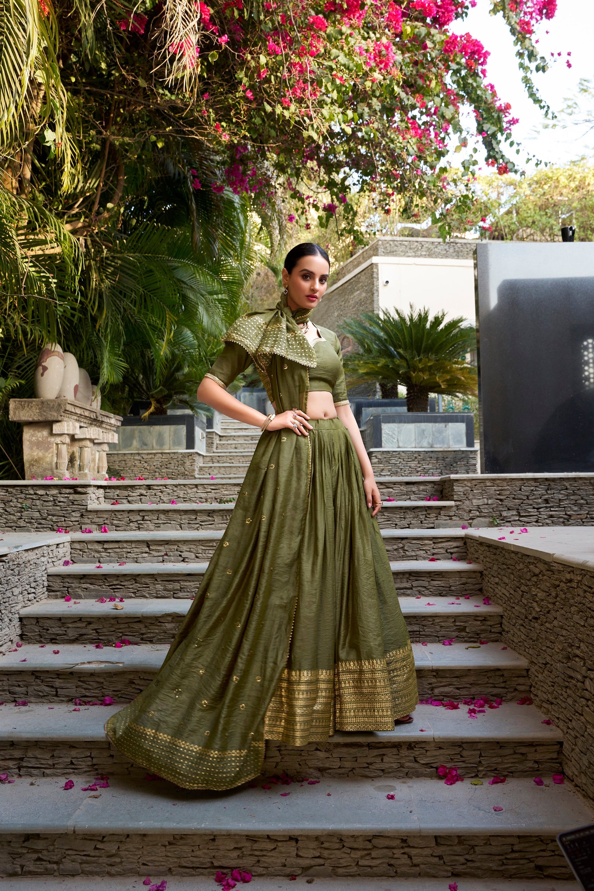 Lorenvalley Mehendi Pure Chanderi Plain With Zari Weaving Work Border Lehenga Choli 