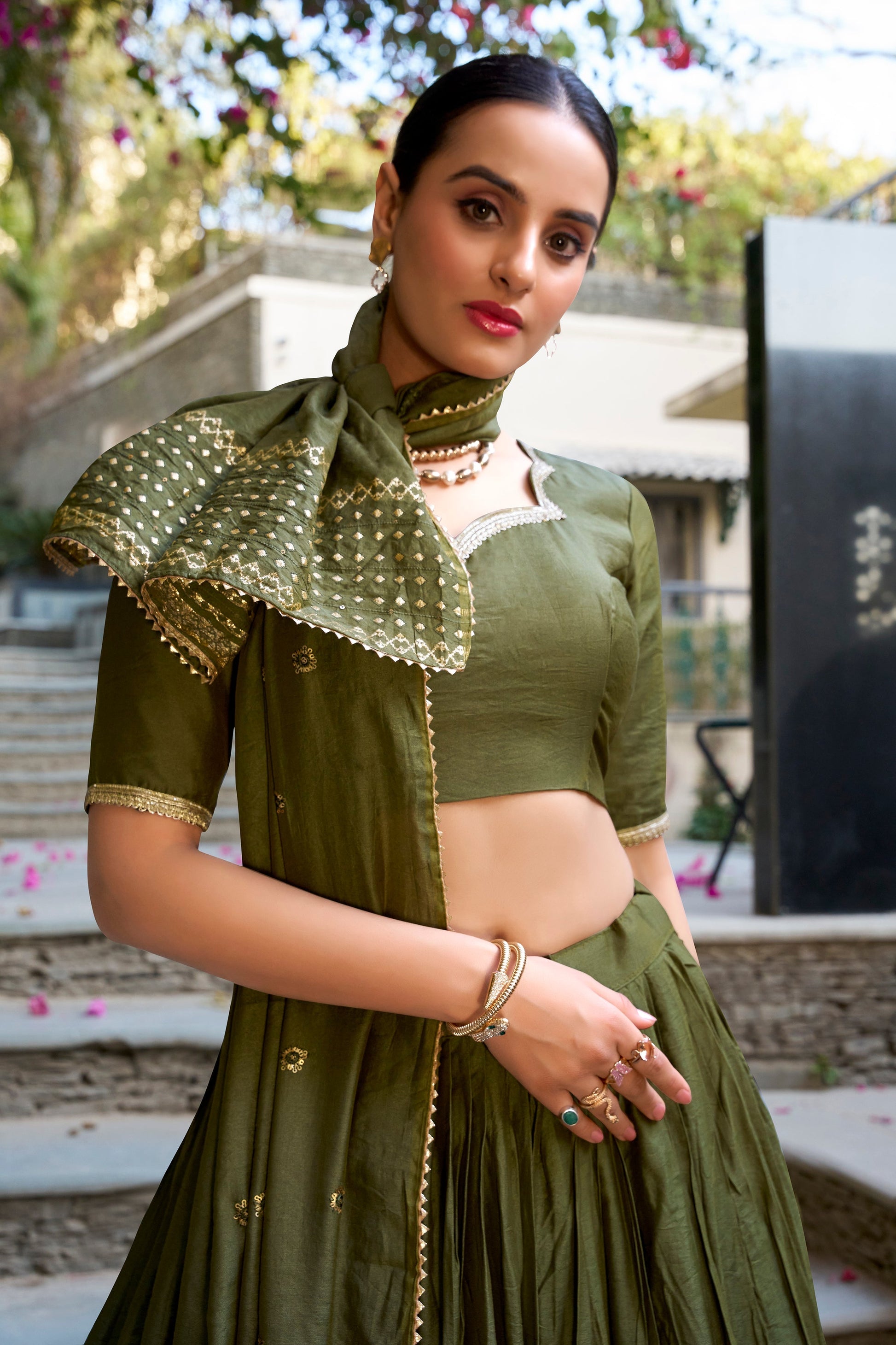 Lorenvalley Mehendi Pure Chanderi Plain With Zari Weaving Work Border Lehenga Choli 