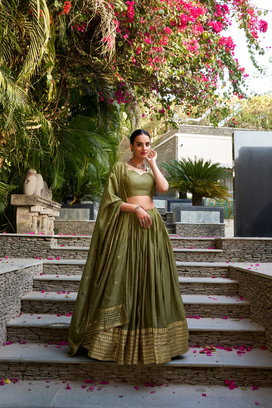 Lorenvalley Mehendi Pure Chanderi Plain With Zari Weaving Work Border Lehenga Choli 