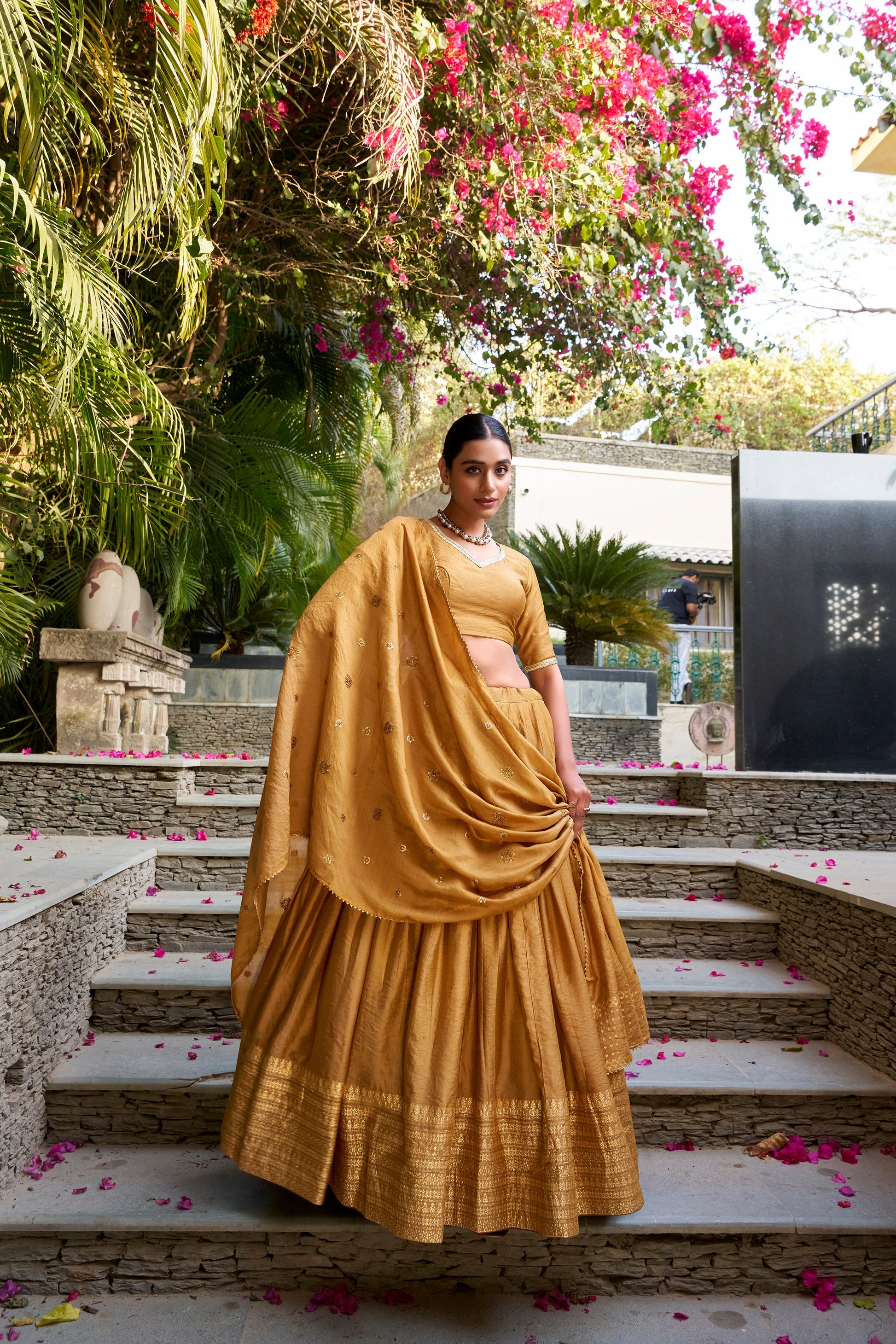 Lorenvalley Mustard Pure Chanderi Plain With Zari Weaving Work Border Lehenga Choli 