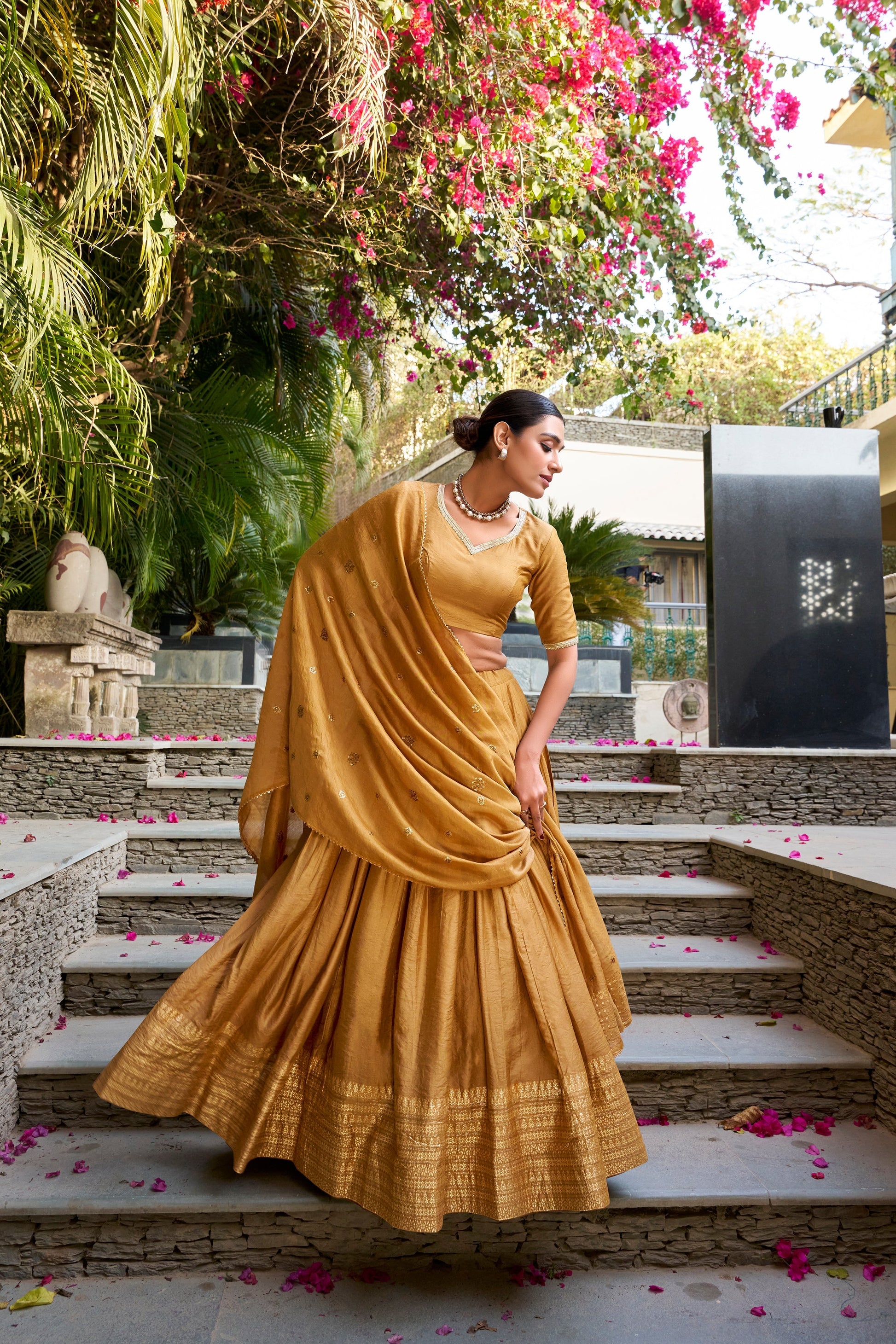 Lorenvalley Mustard Pure Chanderi Plain With Zari Weaving Work Border Lehenga Choli 
