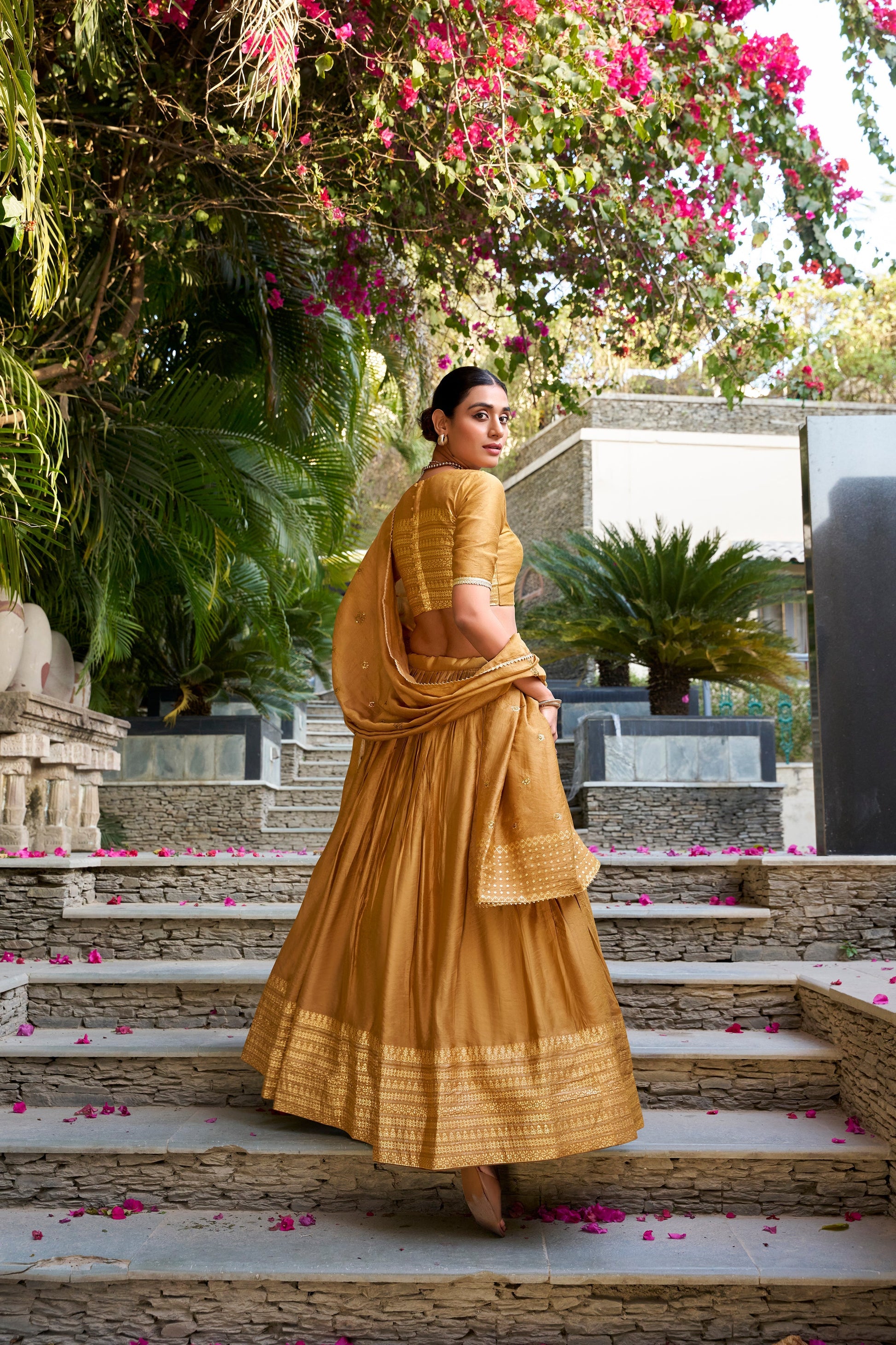 Lorenvalley Mustard Pure Chanderi Plain With Zari Weaving Work Border Lehenga Choli 